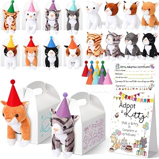 HyDren 33 Pcs Operation Christmas Adopt Party Favors Include Adoption Sign Animal Adoption Plush Certificate Pet Stuffed Birthday Hats Paper Boxes White for Adopt an Animal(8 Cat)