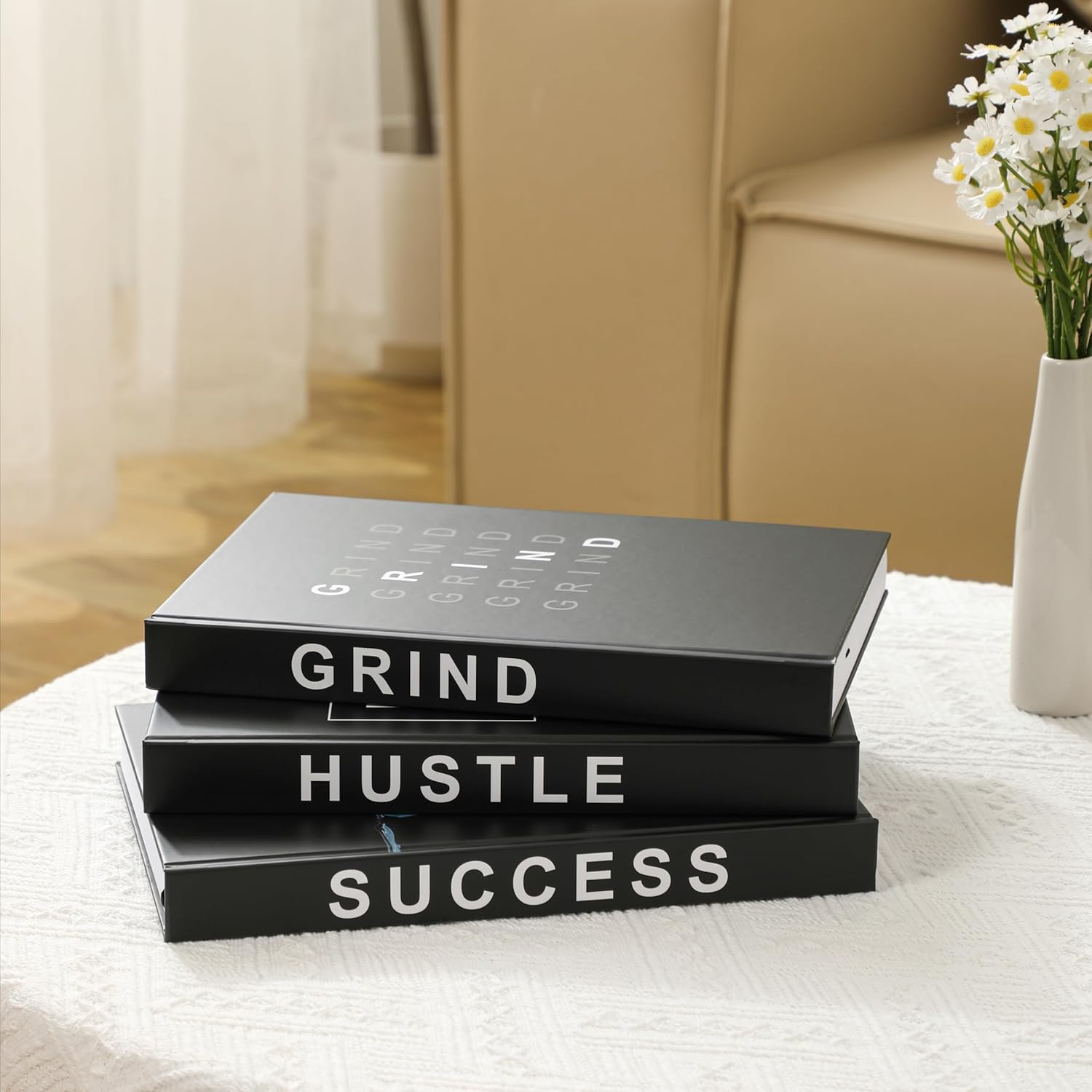 Hardcover Grind Hustle Success Book Decor for Men & Women, Decorative books for Home Decor, Office Decor for Men and Desk Decor for Men, Motivational gift with Black Cover and Blank Pages