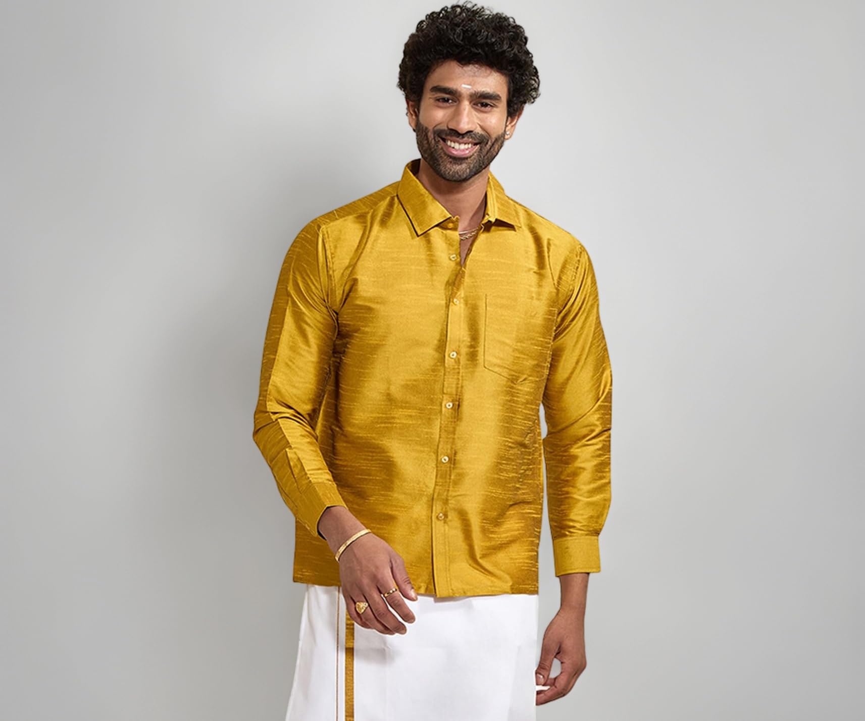 VASTRAMAY Men's Ethnic Silk Blend Shirt Full Sleeves – South Indian Shirt in Rose Gold, for Casual, Formal | Festive Ethnic Outfit For Rakhi