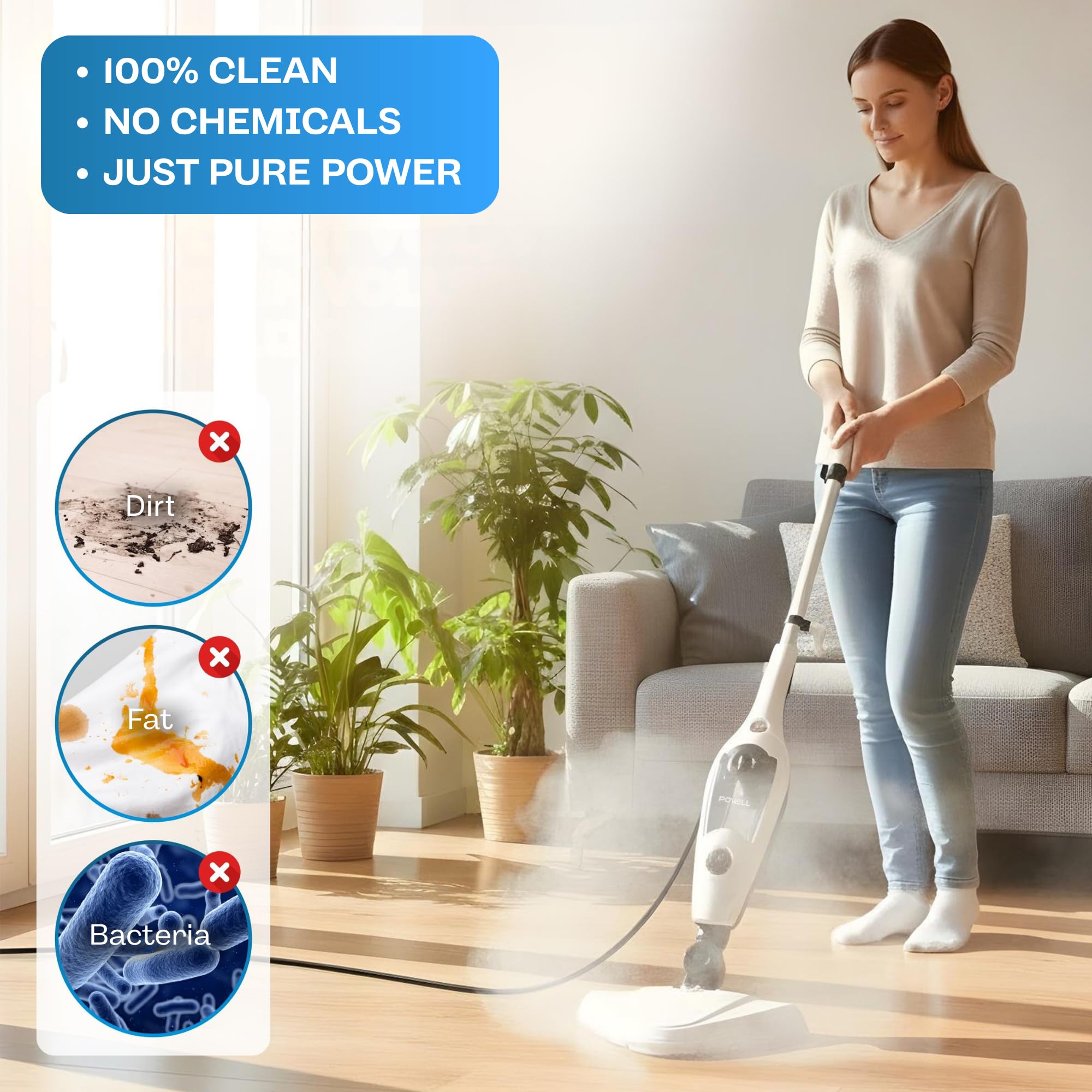 Powell Pulitore A Vapore - Macchina Per La Pulizia Multifunzionale 12 In 1 | Mop A Vapore Da 1300 W Per Pavimenti Duri, Tappeti, Tappezzeria | Pulitore Portatile Per Tappeti Senza Prodotti Chimici