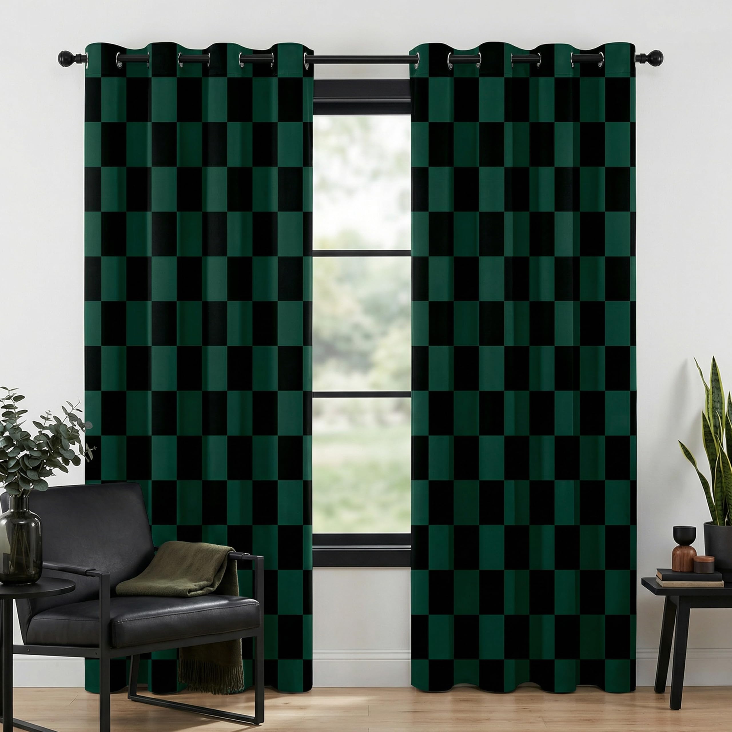 BOHOMOCASA 100% Blackout Curtains – Hunter Green and Black Checkered Design, 2 Panels, Each W52×L84, Thermal Insulated, Nosie Reducing for Bedroom, Living Room — image 1