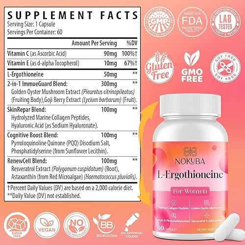 Miniatura 9 de L-ergotioneína con péptidos de colágeno, ácido hialurónico  2 veces antioxidante de glutatión  Suplemento de colágeno 11 en 1 para mujeres  Piel,