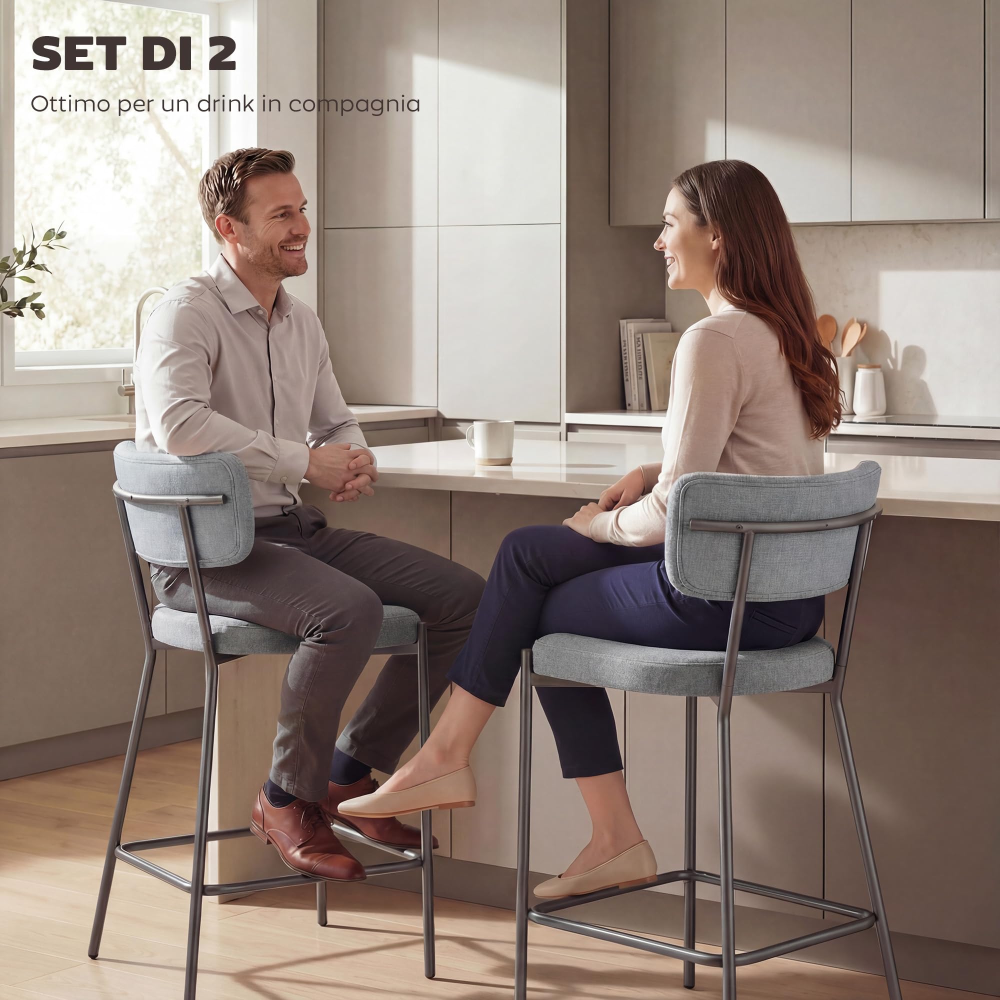 HOMCOM Set di 2 Sgabelli da Bar con Schienale Imbottiti Grigio Chiaro