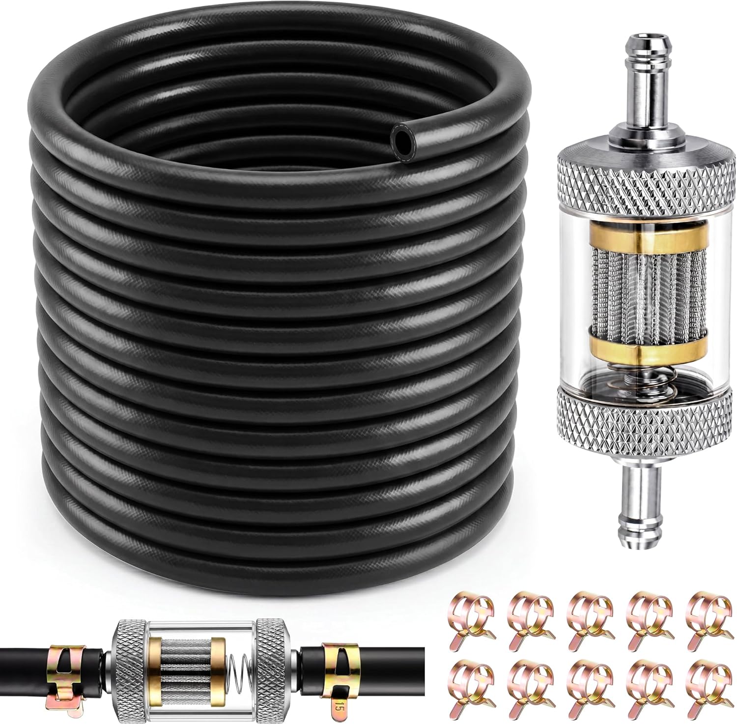 Meonum 5/16" ID Fuel Line Hose Kit - 25FT Professional Grade NBR Rubber with 5/16" Inline Fuel Filte and 10 Clamps, Universal Motorcycle Gas Filter for ATV Small Engine, 300 PSI NBR Rubber Gas Line