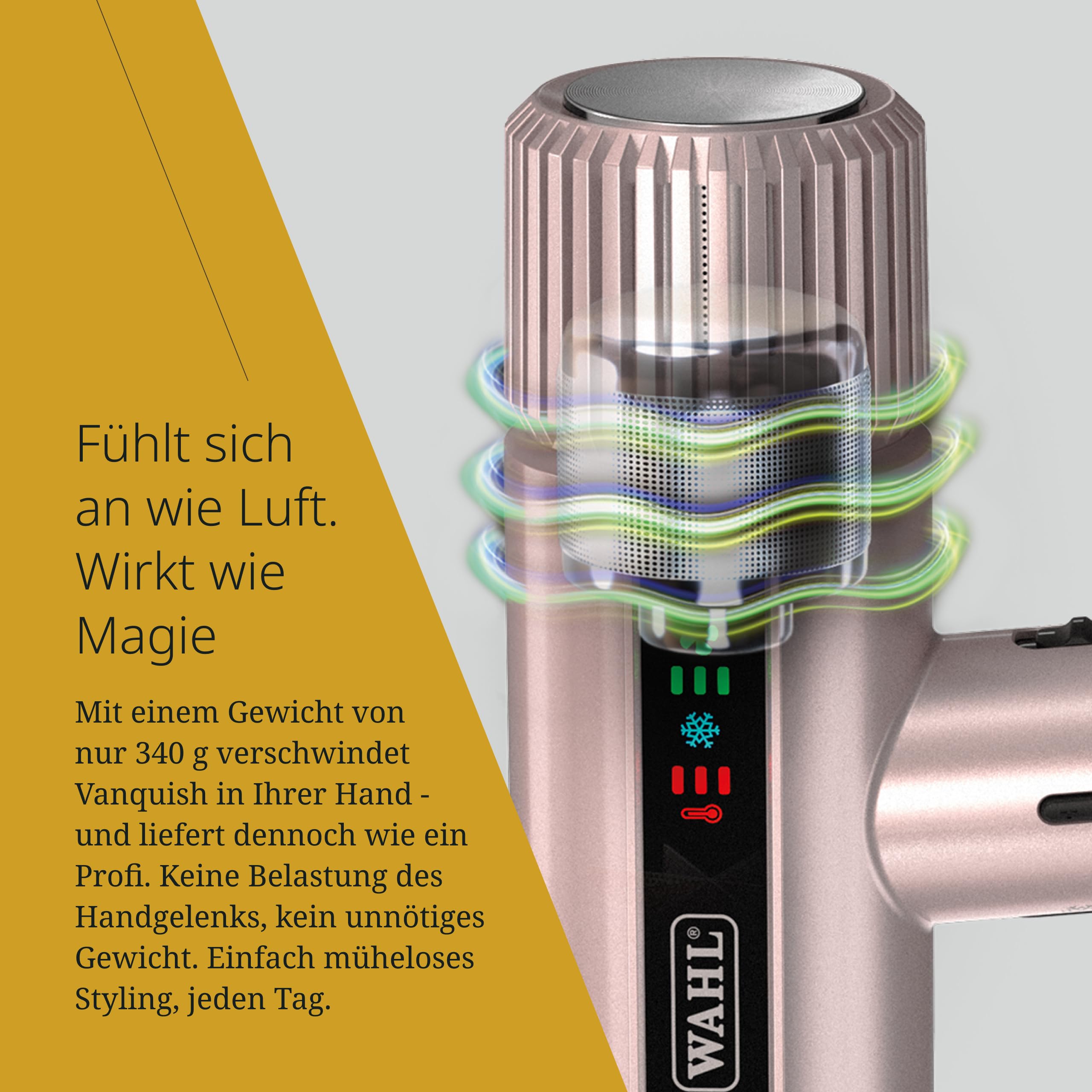 Wahl Vanquish, Professioneller Haartrockner, Rose Gold | Profi-Haartrockner mit FlowControl-Technologie, 1600 W, 101.000 U/min, nur 320 g, ionisch, magnetische Düsen und Diffusor