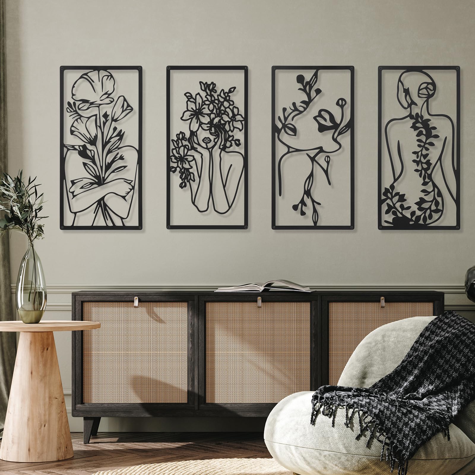 Cindeer 4 Pcs Metal Wall Art Decor Minimalist Abstract Woman Wall Art Line Drawing metal line art Home Hanging Art Decor for Bedroom Kitchen Bathroom Living Room(Fresh,Black)