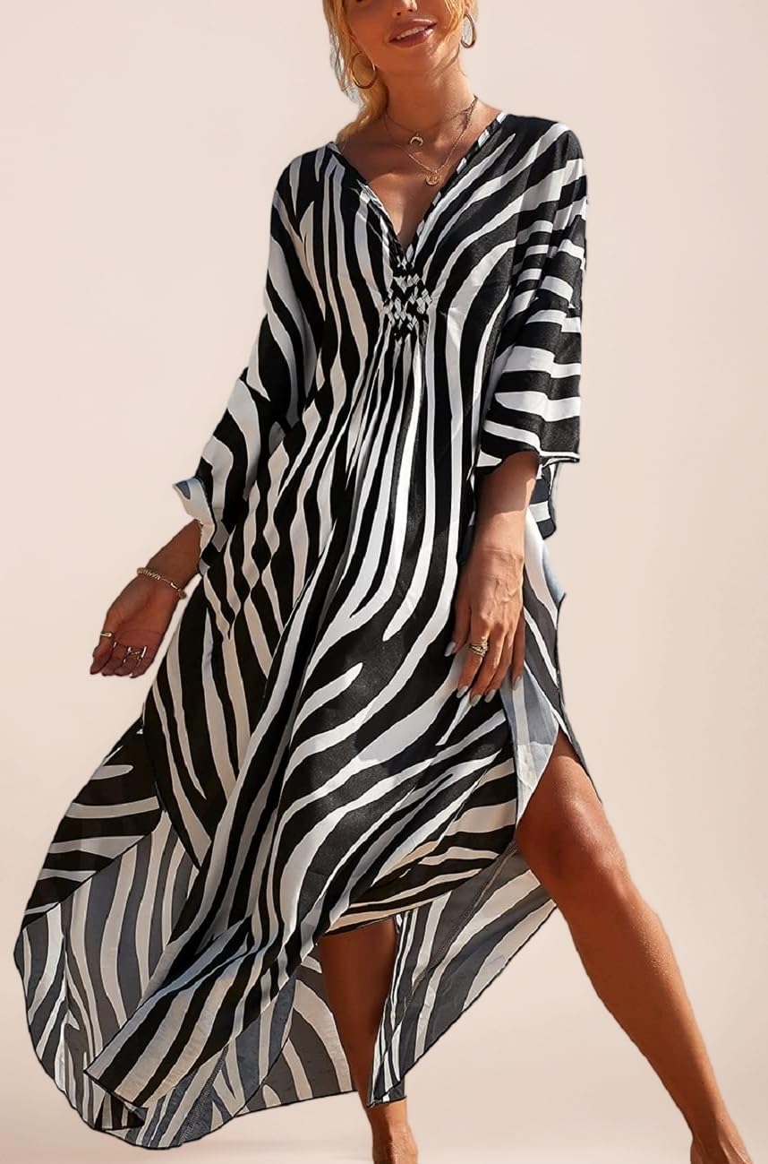 Oversized Plus Size Beach Kaftan Dresses for Women Print V-Neck Long Swimsuit Cover Ups Mumu Caftan Maxi Dresses