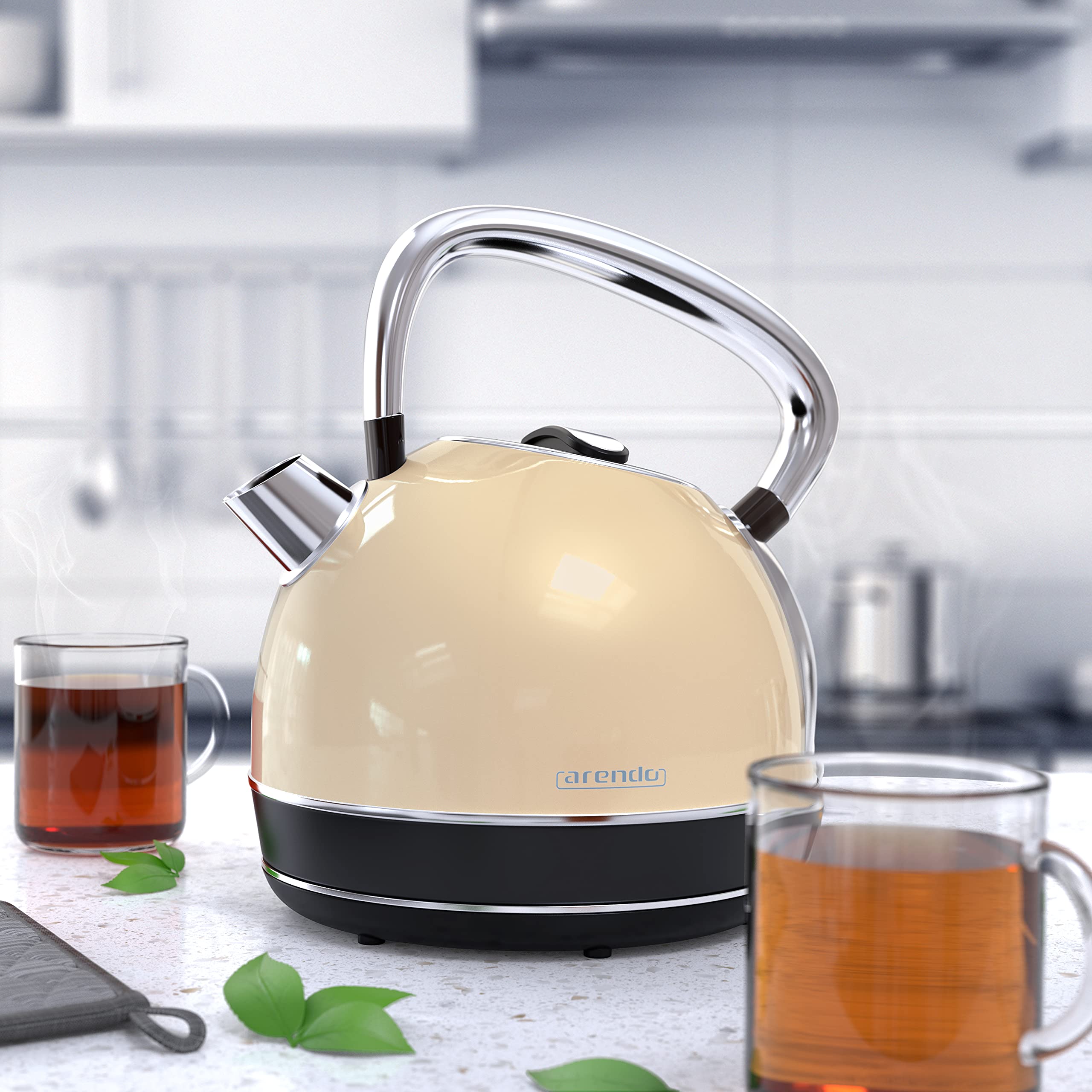 Arendo - Bouilloire électrique en Acier Inoxydable 1,7 Litre - 2200 W Style Vintage rétro - Filtre anticalcaire Amovible Interchangeable - Interrupteur d'alimentation LED Bleue - Water kettle - Beige