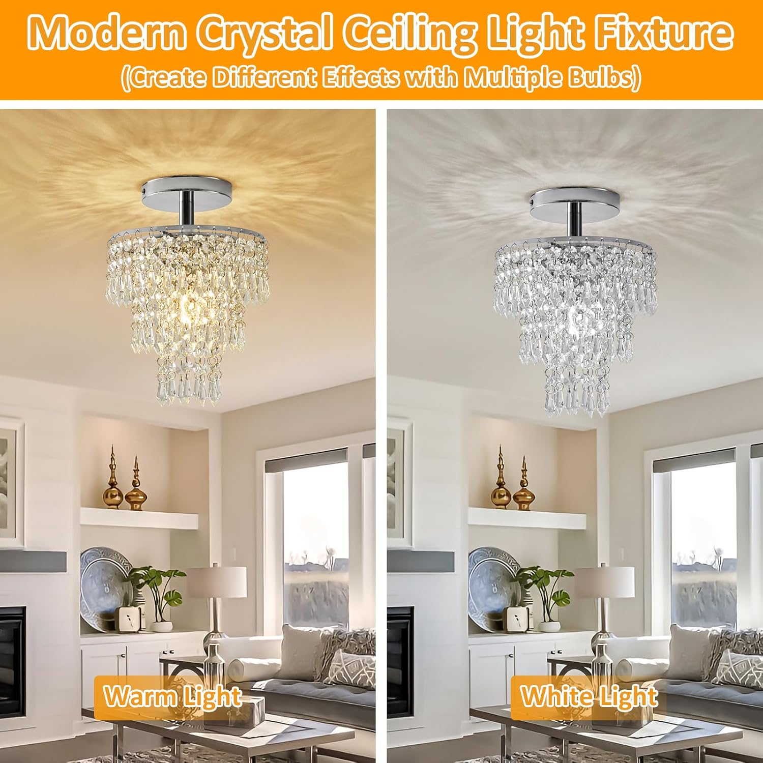 Small Crystal Chandelier, Flush Mount Ceiling Light with 3 Tiers Raindrops Crystal, E26 Base, Mini Chandelier, Ideal for Bedroom, Living Room, Hallway, Bar, Kitchen, Bathroom. D7.9"x H11" (Chrome)