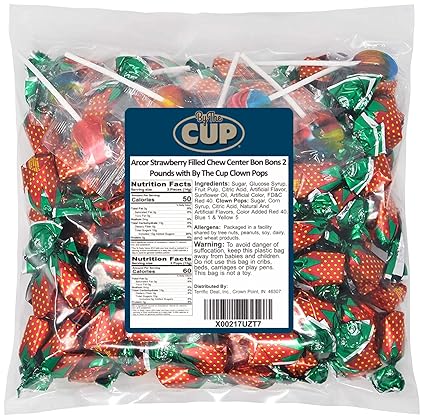Amazon Com Arcor Strawberry Filled Chew Center Bon Bons 2 Pounds With By The Cup Clown Pops Grocery Gourmet Food