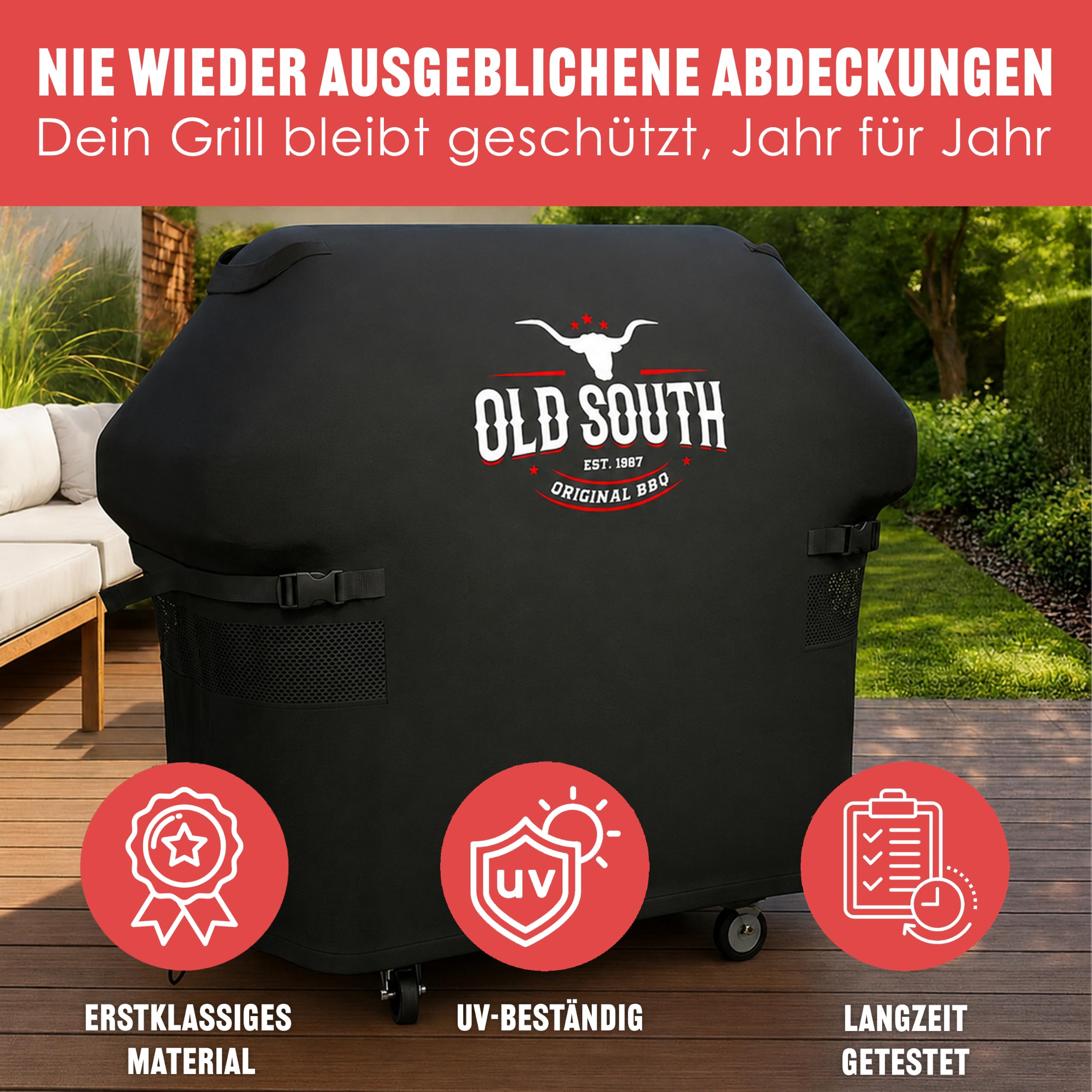 Old South - Grillabdeckung Wetterfest - Grill Abdeckhaube für Gasgrill | Für Weber, Napoleon, Enders, Rösle - Grillhaube Cover Wasserdicht (132 x 65 x 110 cm, Schwarz)
