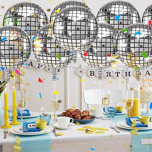 Miniatura 6 de Globos de bola de discoteca de 22 pulgadas, 12 globos de discoteca 4D, globos de aluminio autosellantes, globos grandes de espejo metálico plateado