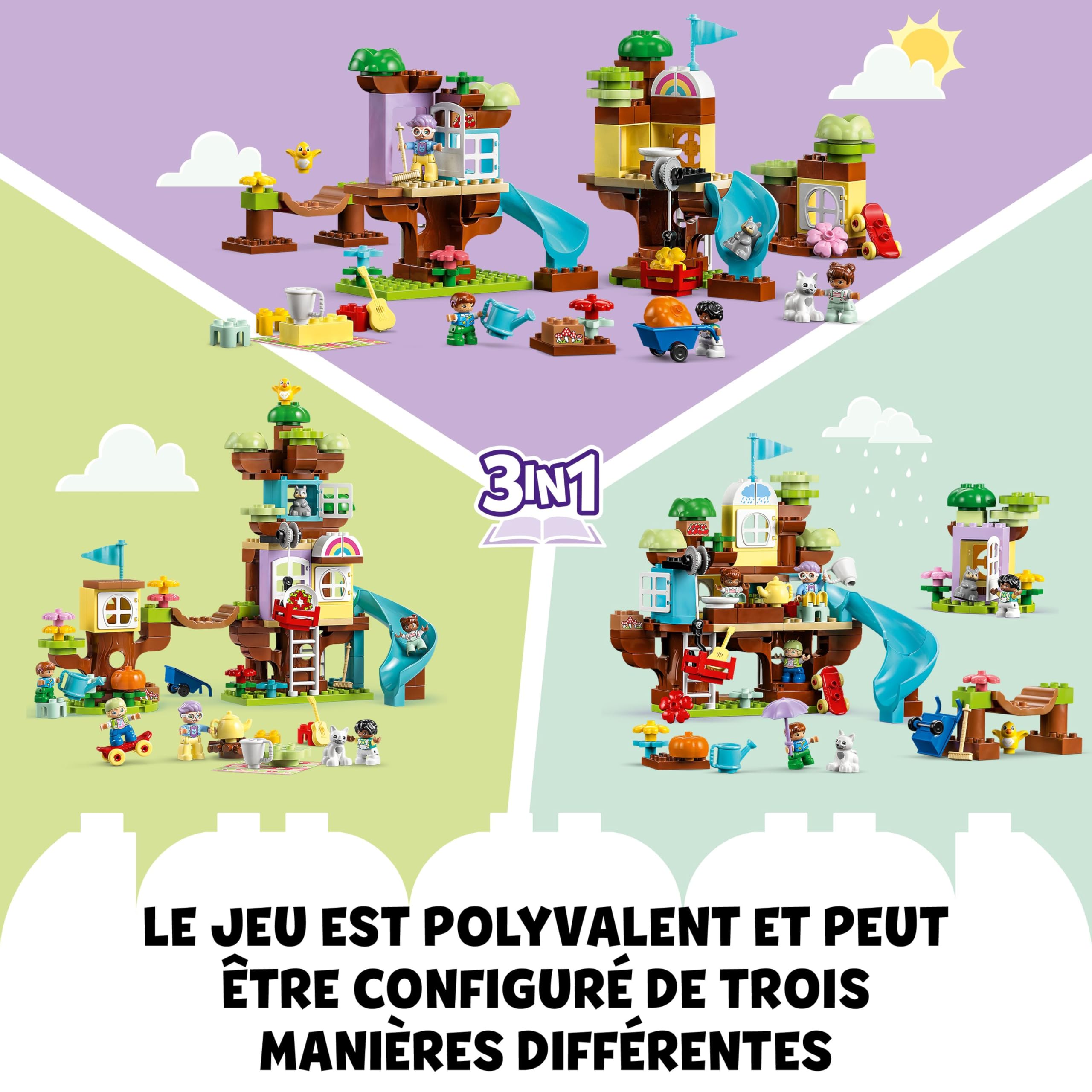 LEGO 10993 Duplo La Cabane dans l’Arbre 3-en-1, Jouet Éducatif pour Enfants Dès 3 Ans, Filles et Garçons, avec 4 Figurines Animaux, des Briques et Toboggan