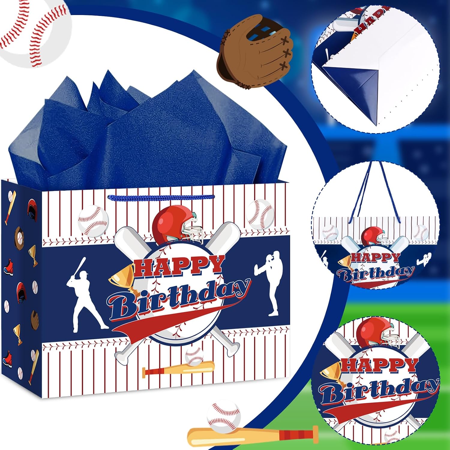 Hooqict Baseball Gift Bag Baseball Birthday Party Gift Wrapping Bag with Tissue Paper and Greeting Card for Boys Men Sport Birthday Party Supplies Goodie Treat Baseball Birthday Gift Bag