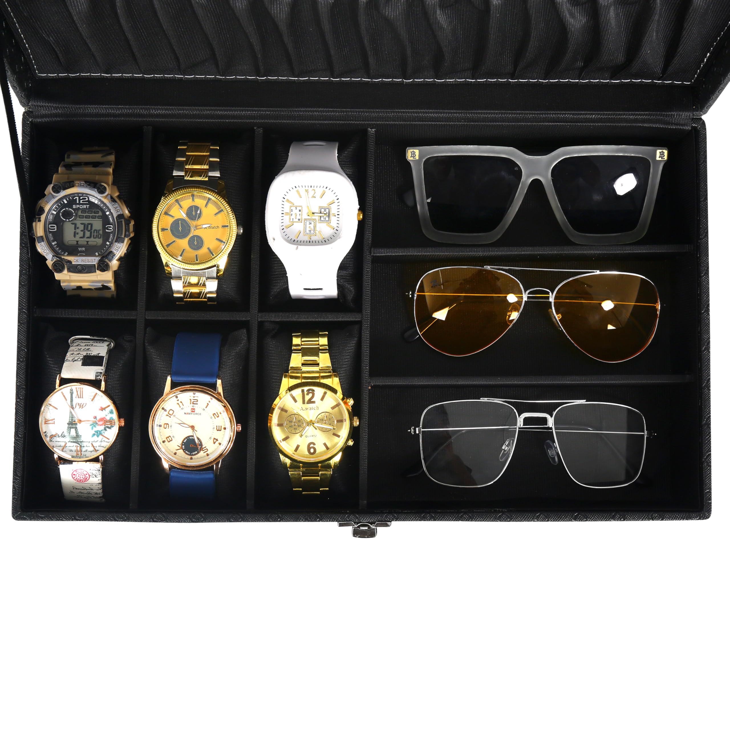 ALAWO Watch Box Organizer and Sunglasses Case with 6 Slots for Watches and 3 Slots for Sunglasses in Black & Cherry Color 3