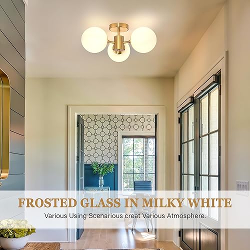 Miniatura 8 de Lámparas de techo semiempotradas de latón de mediados de siglo de 19 pulgadas, 3 luces de cristal esmerilado, lámpara de techo moderna para