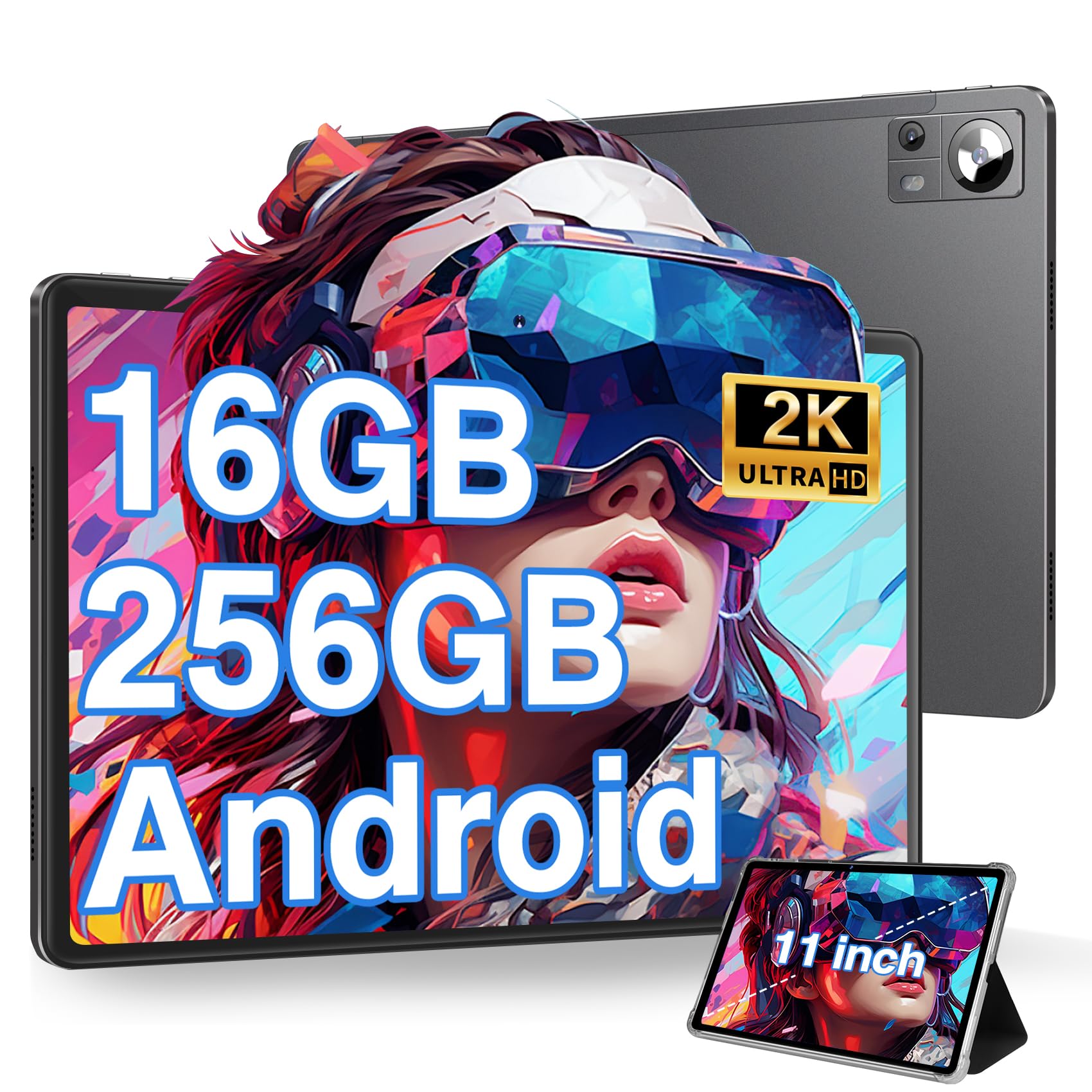 DMOAO Tablet 11 Pollici Android con 16GB RAM 256GB ROM(1TB Espandibile), 2K FHD Tablet con Camera Tripla(13MP+5MP+2MP), 8 Core, 2.0 GHz, IPS 2000 * 1200, 5G Wi-Fi, 8600 mAh, GPS, BT 5.0, Grigio