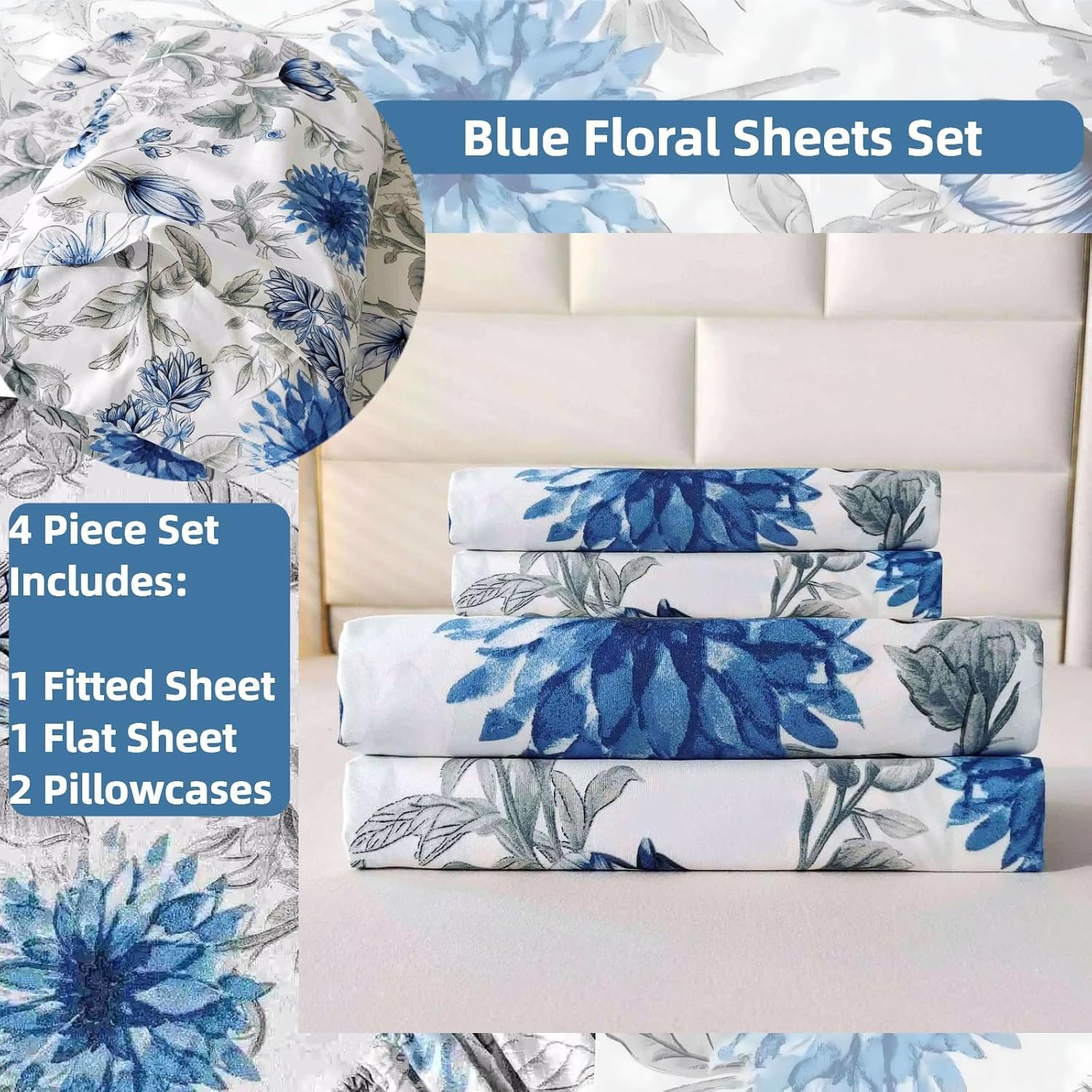 SDIII 4PCS Blue Floral Queen Sheets Set, Soft Microfiber Floral Sheets Queen Size Deep Pocket, Botanical Vintage Blue Flower Bed Sheet Set - Image 5