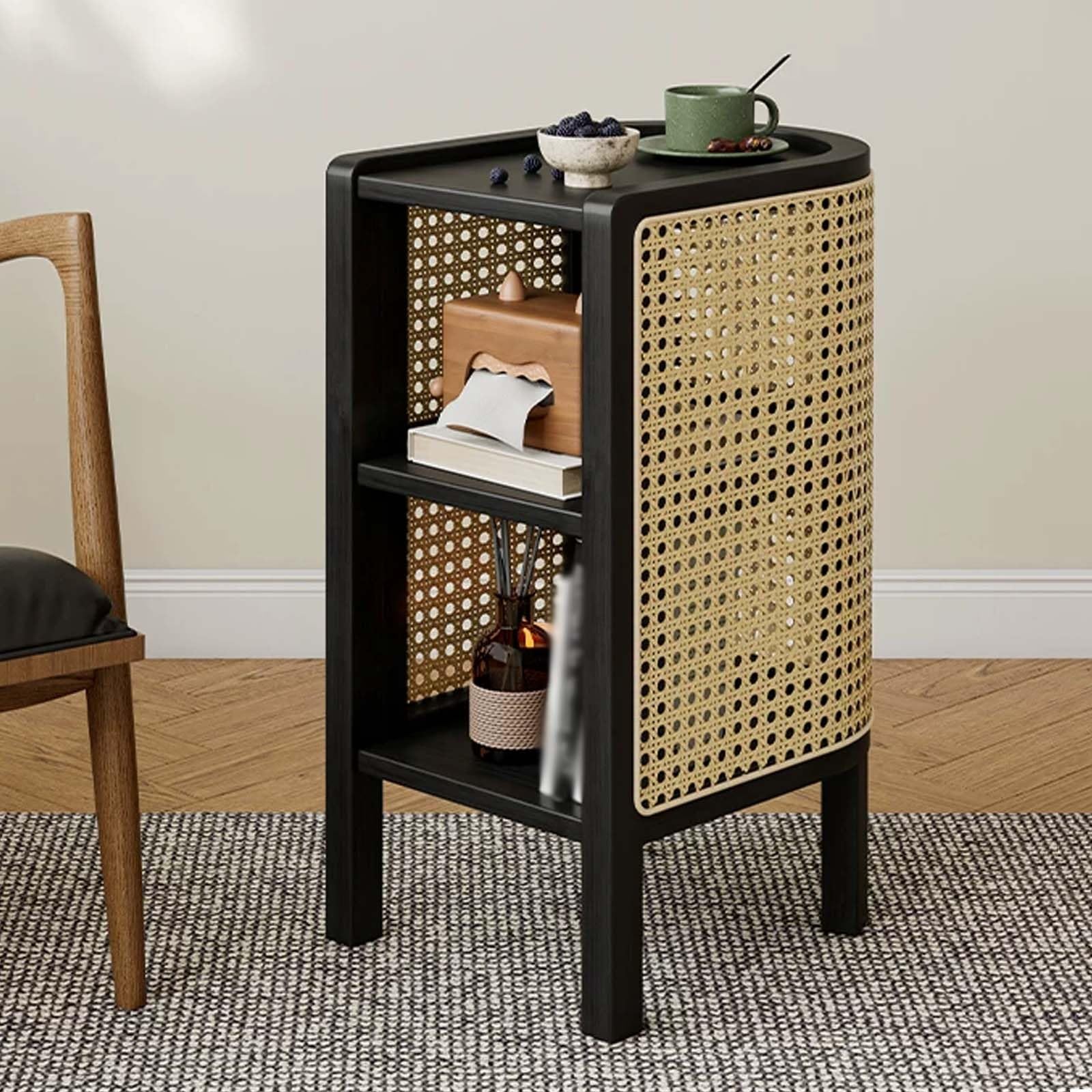 Comodino a 3 Ripiani in Rattan, Comodini Piccolo in Legno | Tavolino Stretti per Camera da Letto, Soggiorno, Ufficio e Studio