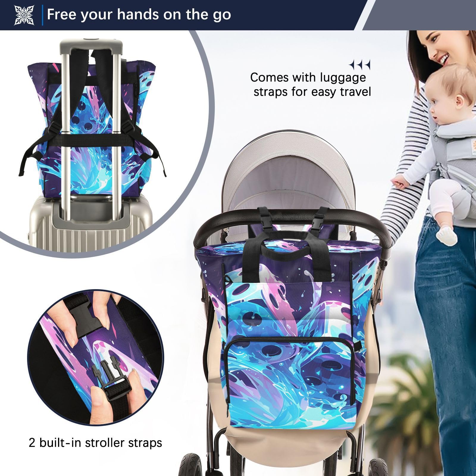 Dados Azules Salpicaduras Vibrantes Bolsa de Pañales Mochila de Viaje Gran Capacidad Bolsas para Mamá Papá Mujeres Niñas
