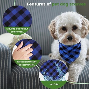 Triangle Reversible Dog Bandanas, Buffalo Plaid Printing Dog Scarf, Adjustable Cute Pet Handkerchief Bandana for Dogs Puppy Birthday (Blue and Black)