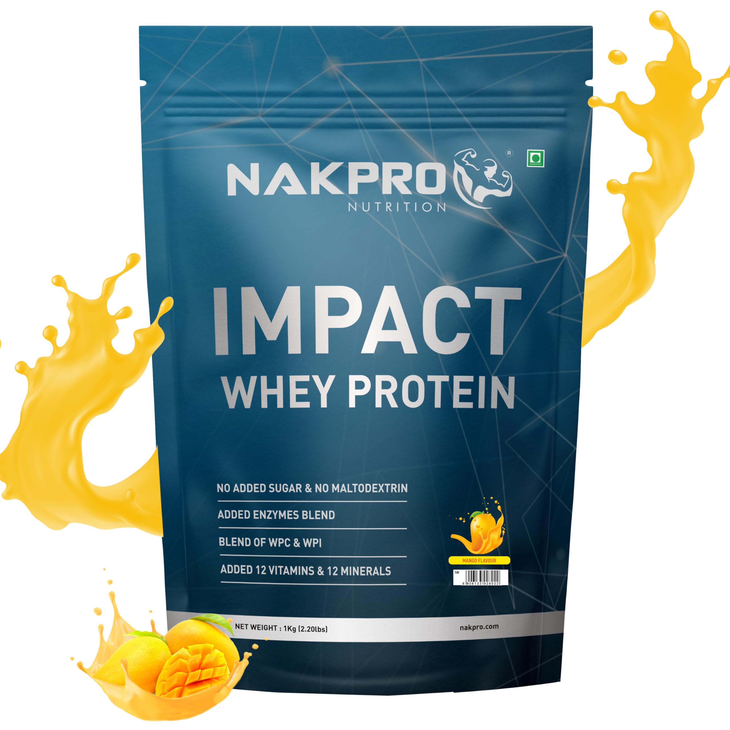 NAKPRO Impact Whey Protein 1kg | Isolate & Concentrate | 24g Protein & 4.9g BCAA | With Digestive Enzymes for better Absorption | NABL Lab Tested 100% Authentic Supplement Powder - Mango Flavour (B0DCSD8DSC) Amazon Price History, Amazon Price Tracker