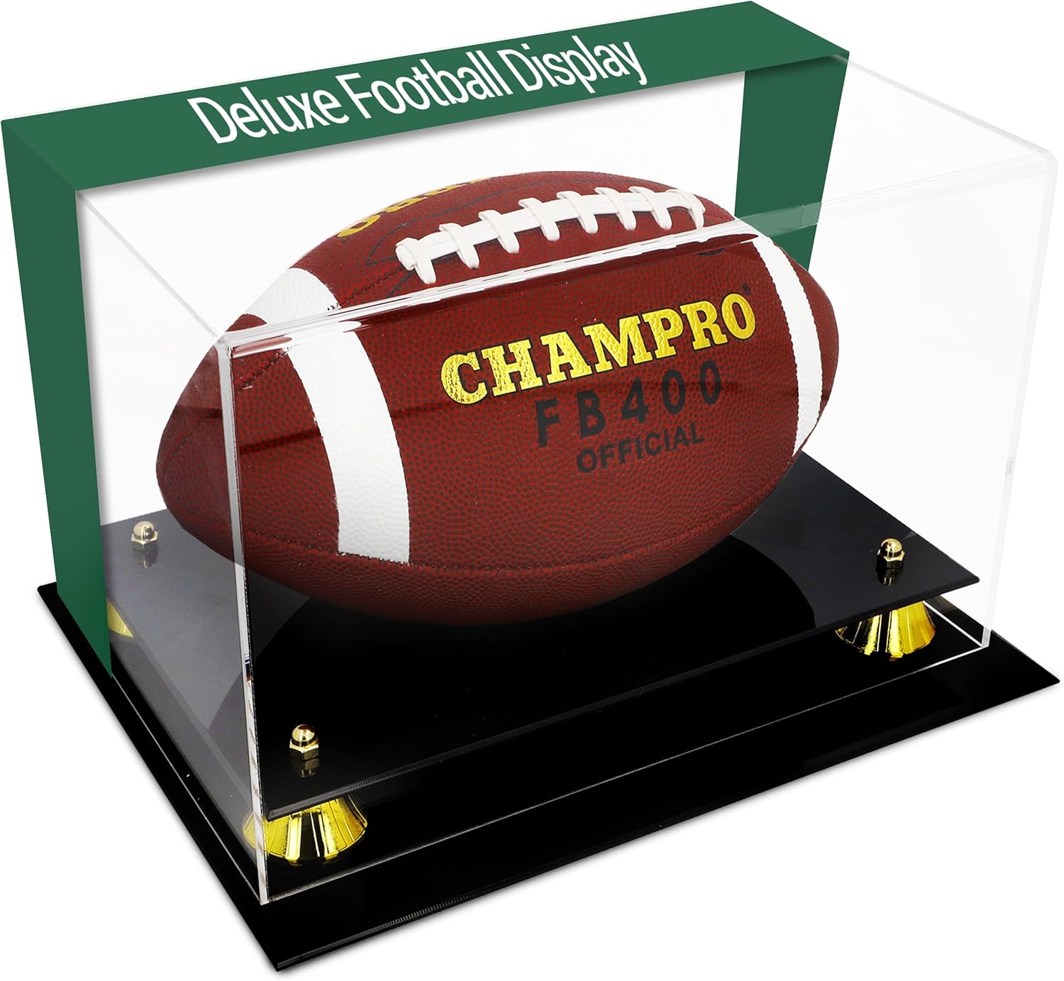 Deluxe Acrylic Football Display Case UV Protection with Mirrored Back – Football Case Display Clear with Gold Risers and Black Base for Autographed Memorabilia | No Assembly Required