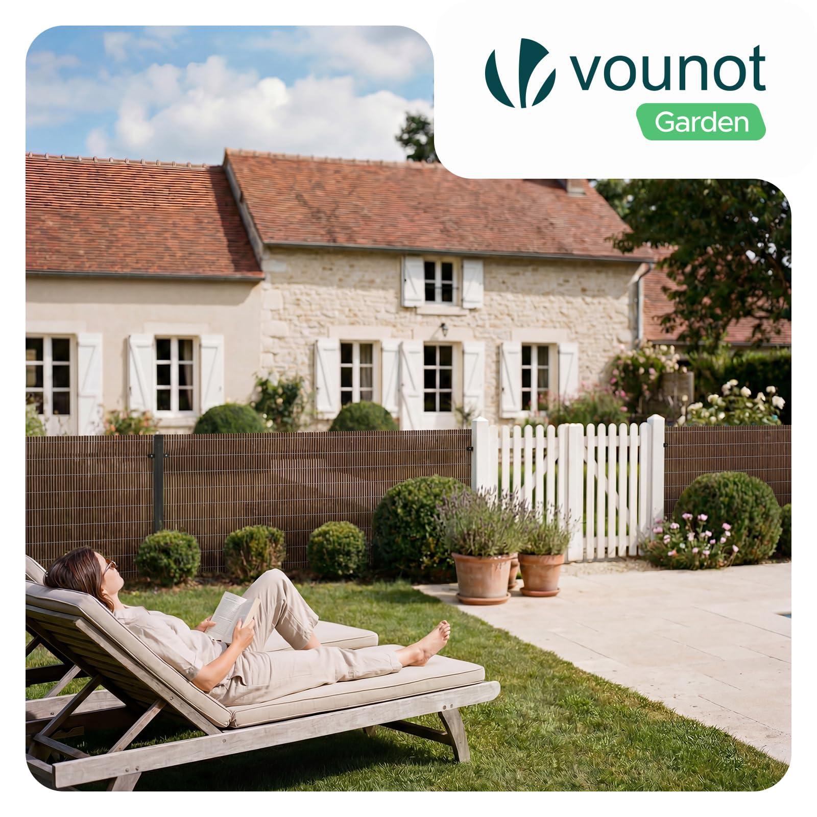 VOUNOT® Cañizo de PVC Imitación a Mimbre Cerramiento Mimbre Artificial en PVC Alta Durabilidad con Bridas Cañas Enteras de 7,5 mm Valla de Decoración para Jardín y Terraza Ocultación Exterior 1x5M — view 2