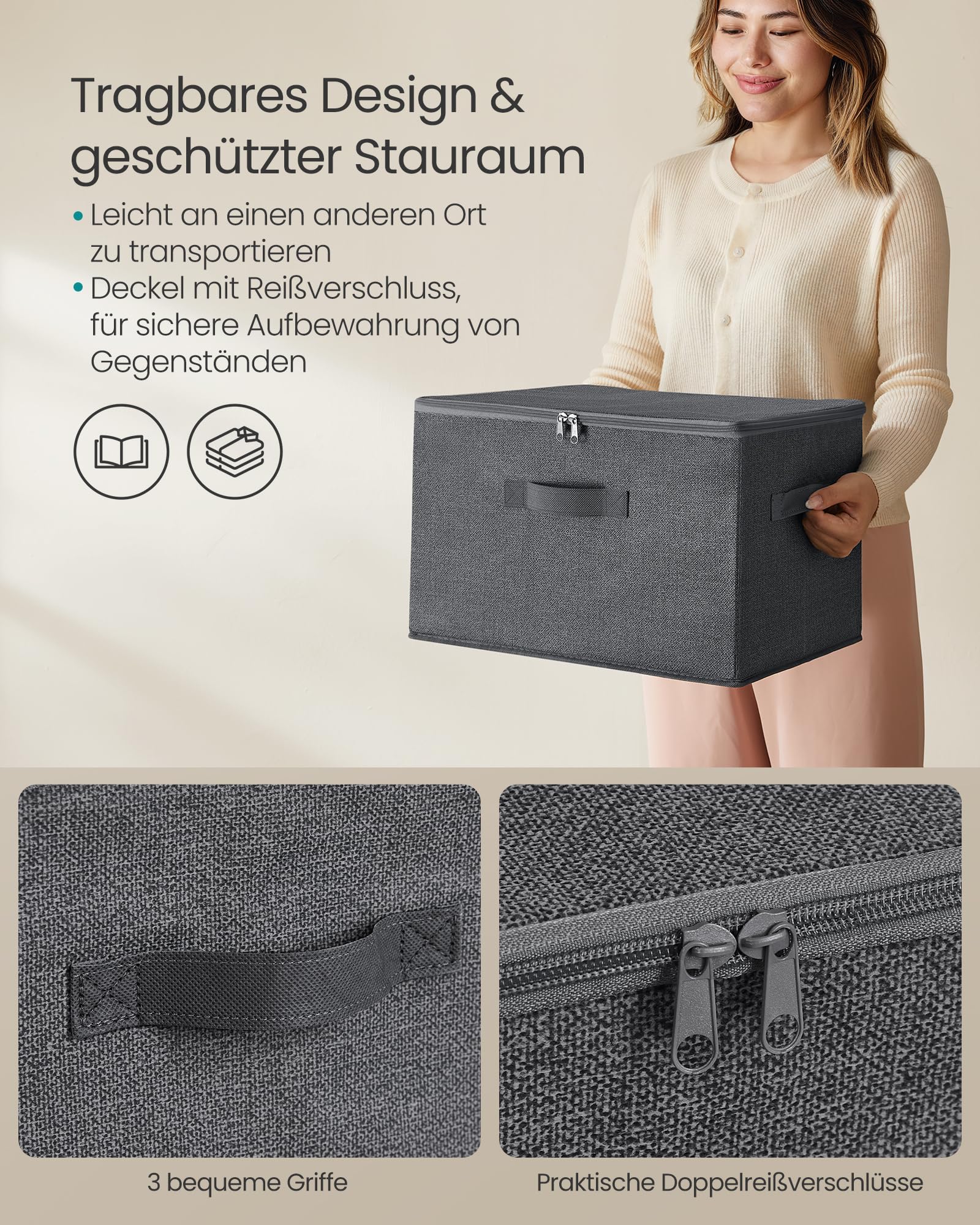 SONGMICS Aufbewahrungsbox mit Deckel, 3er Set, faltbare Stoffbox - Image 3