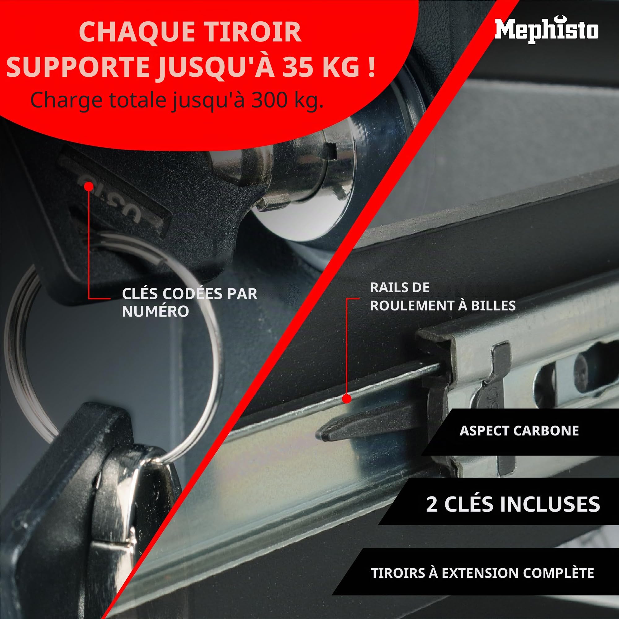 Mephisto Chariot à outils XXL avec 8 tiroirs dont 8 outils tels que clés, cliquet avec boîte en noyer, jeu de clés à anneau, etc. en Soft Inlays in Carbon Lock