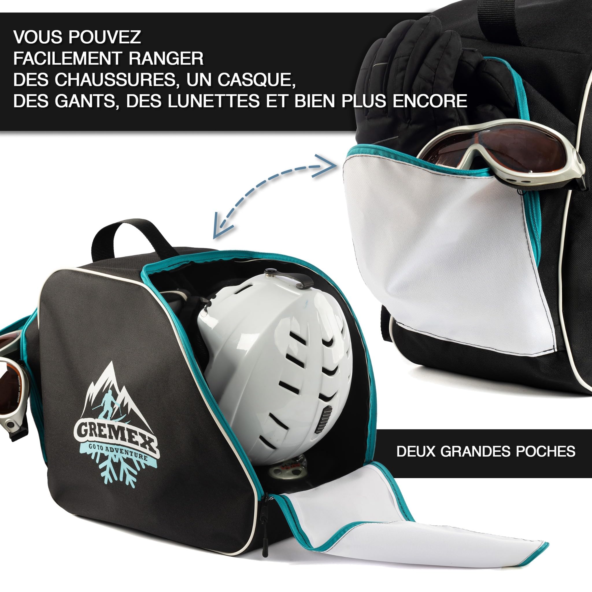 Set Sac de Ski et Sac pour Chaussures - Sac de Ski Robuste - Set Housse de Ski - Sac imperméable pour Chaussures de Ski avec Casque - Housse de Ski pour 1 Paire de Skis - Accessoires de Ski