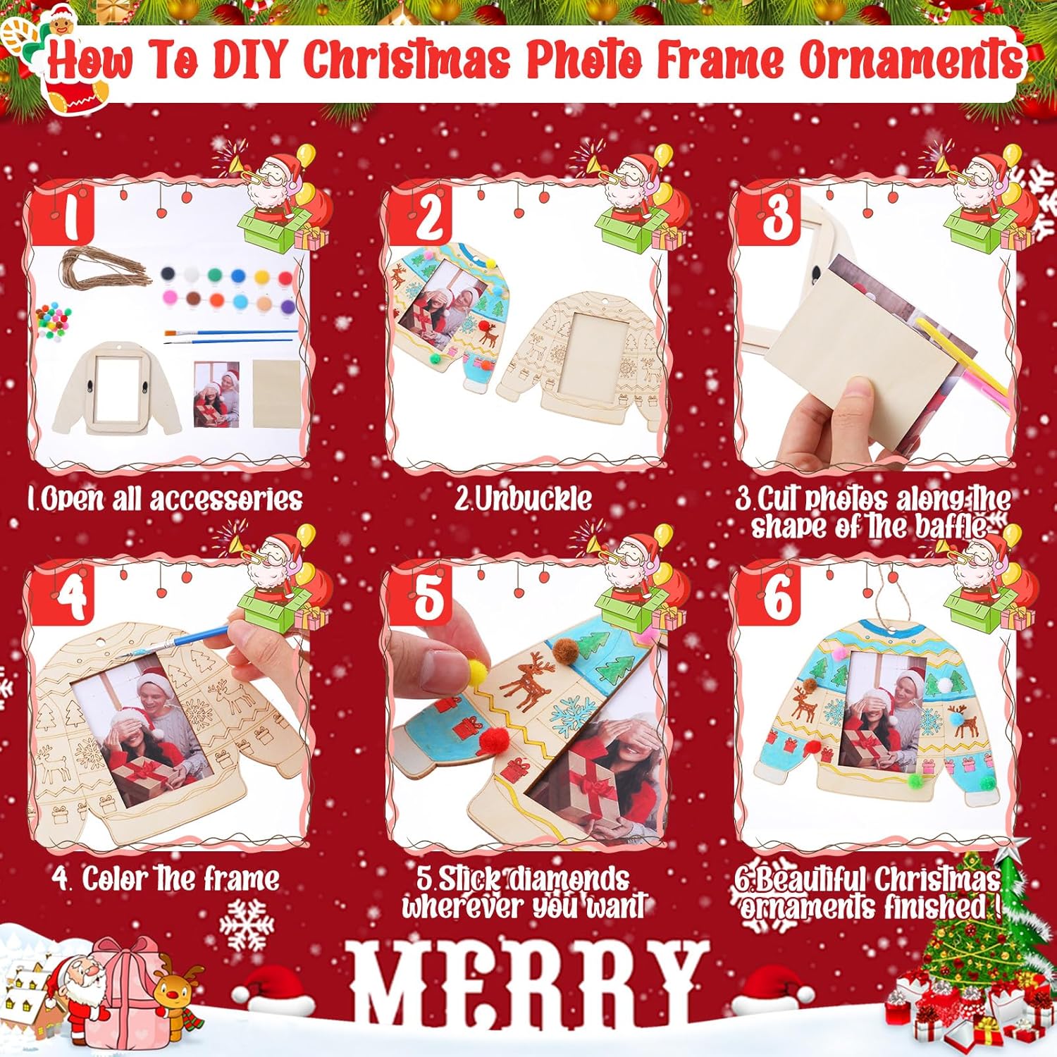 DoubleFill 28 Pcs DIY Christmas Ugly Sweater Picture Frame Bulk Wooden 3x4'' Ugly Sweater Picture Frame Painting Craft Kits with Acrylic Paint Hemp Rope Felt Poms Wooden Ornaments for Xmas Tree Decor