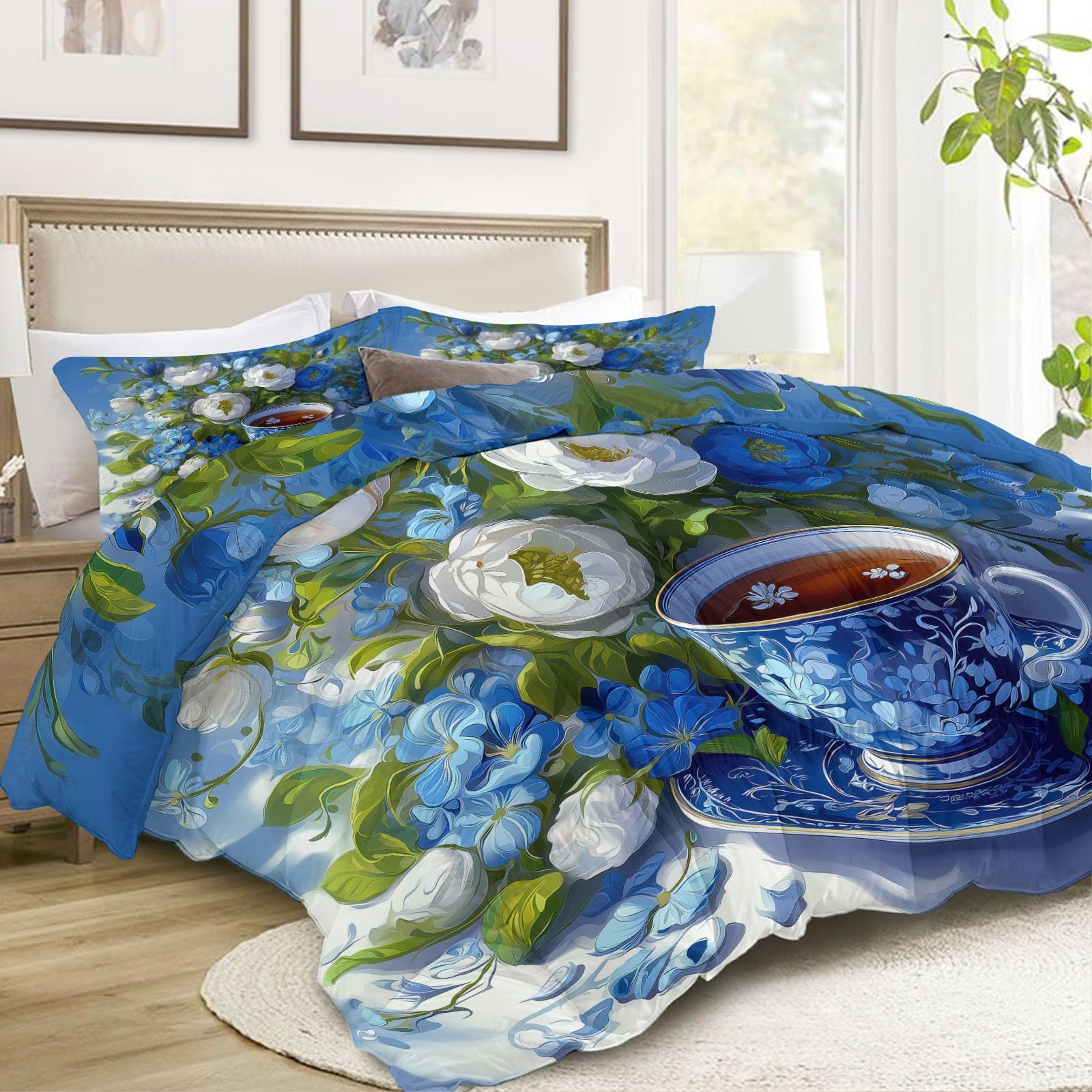 Zestaw pościeli King Classic Plants Flowers Filiżanka miękka dwustronna pościel, ciepła przytulna kołdra z poszewkami na poduszki, lekka, nadająca się do prania, kołdra na każdą porę roku, 240 x 220
