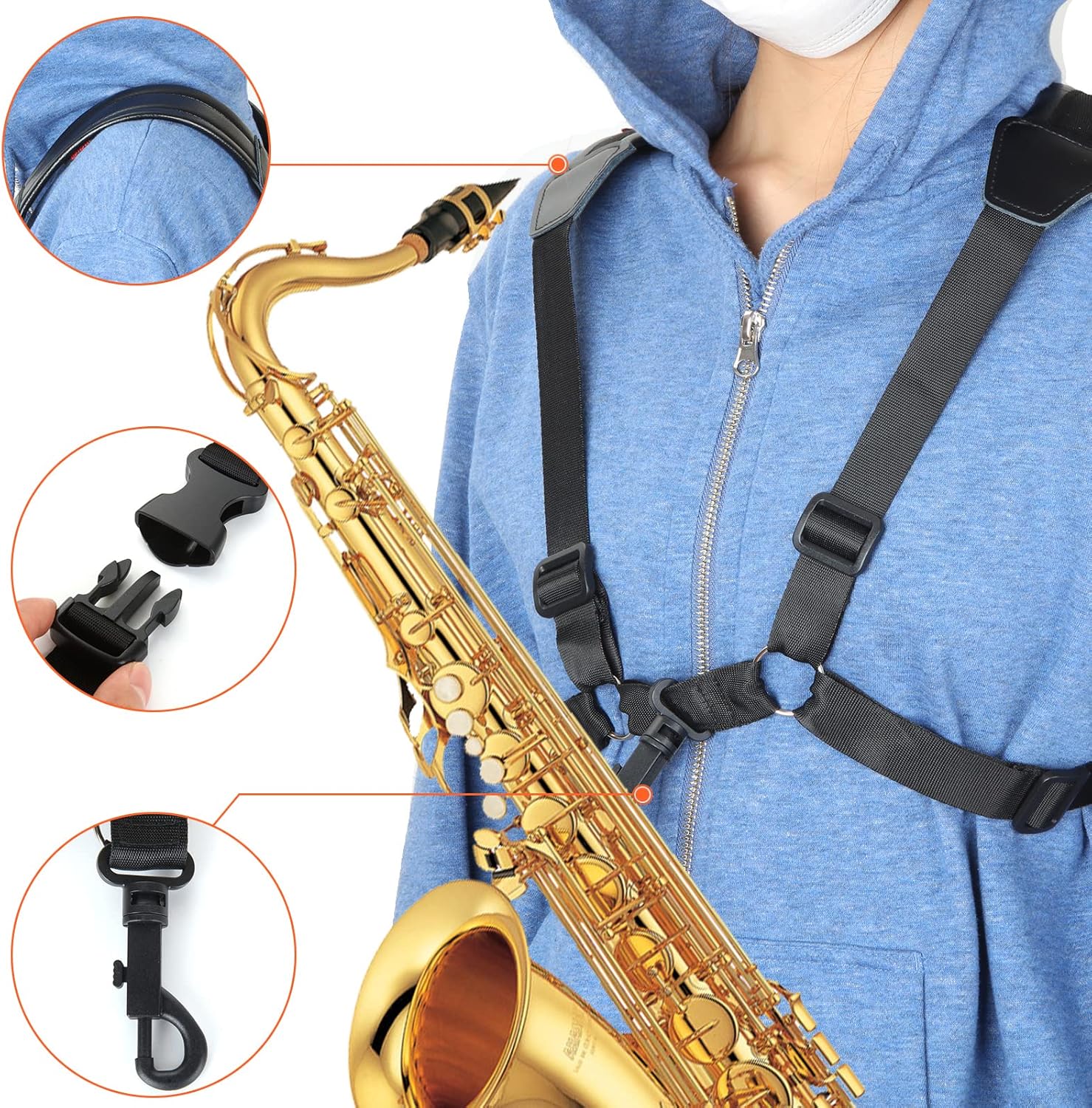 Acrux7 Saxophone Leather Neck Strap with Snap Hook, Small Padded Sax Shoulder Strap, Swivel Hook Sax Strap for Alto, Tenor Baritone Clarinet : Musical Instruments