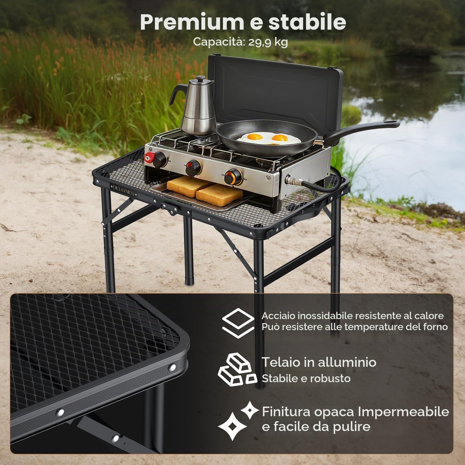 Tavolo da Campeggio Pieghevole, 55,9x38,1 cm, 3 Altezze | Piano in rete di alluminio nero a 2 pieghe, maniglia integrata, altezza max 69,9 cm, per picnic, giardino e patio