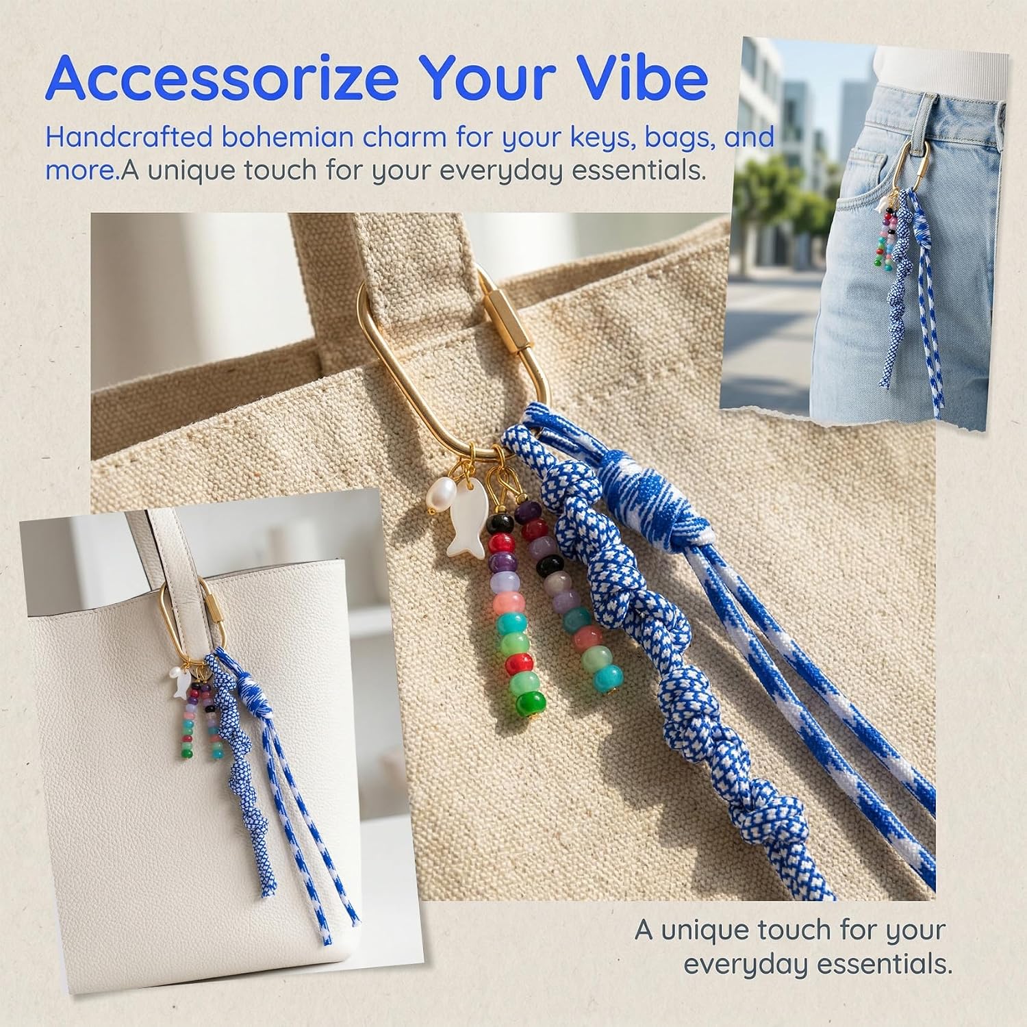 Braided Keychain Charm with Keyrings, Paracord Rope Keychain Wrist Bag Charms, Nylon Hanging Rope Key Chain Accessories for Bag Handbag Purse Backpack- Blue