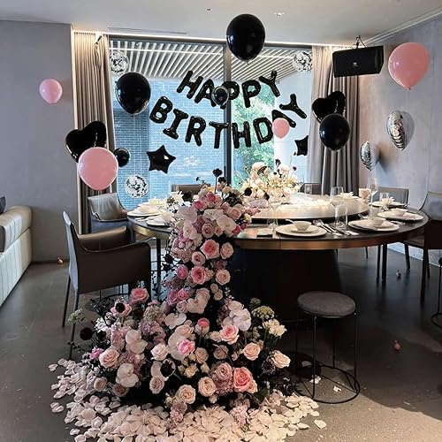 Miniatura 4 de 27 piezas de decoraciones de cumpleaños negras, pancarta de globo de feliz cumpleaños negro 3D, globos de papel de aluminio de corazón de