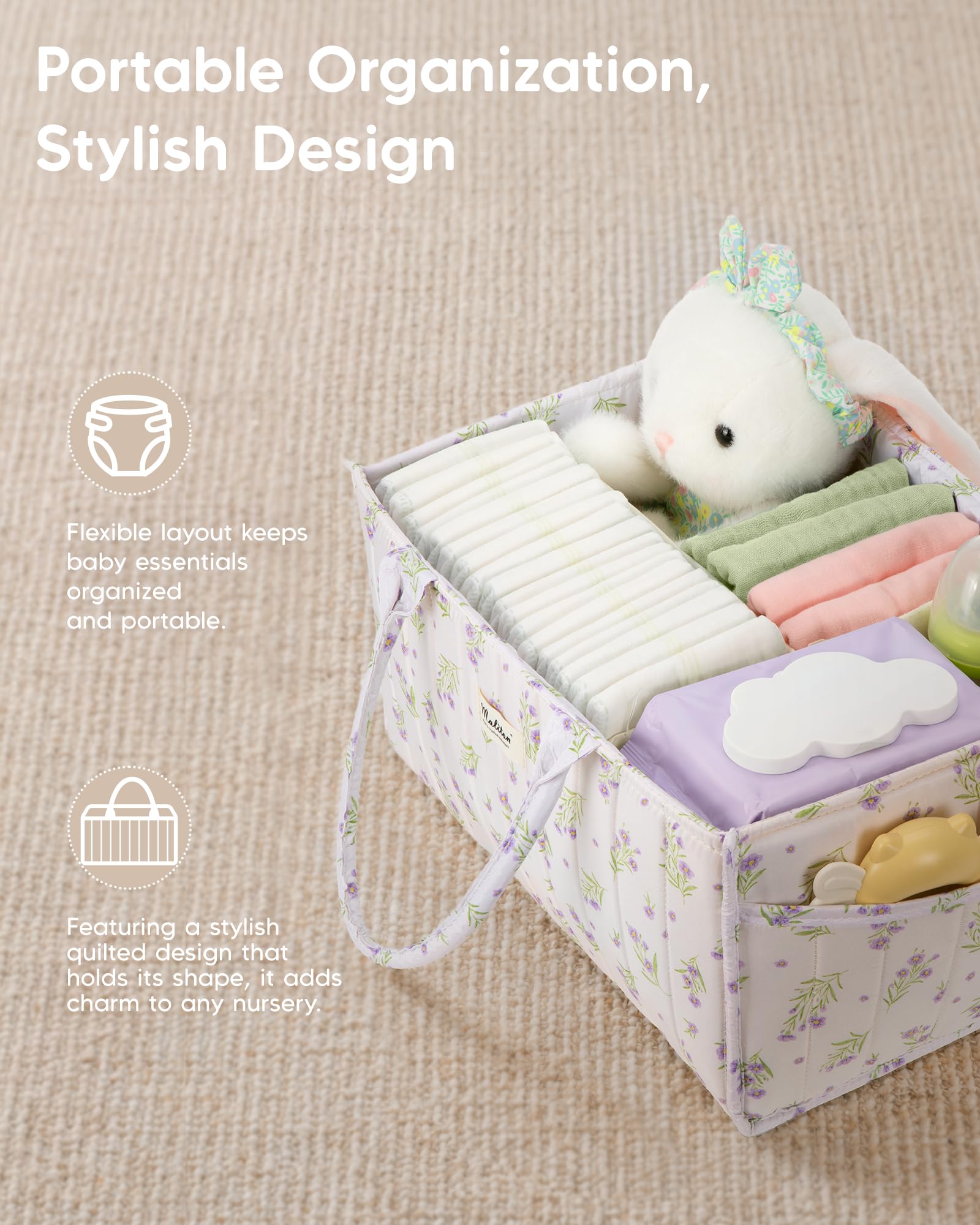 Maliton Panier Rangement Bébé, Organiseur table à langer, panier de rangement pour couches avec compartiments et poignées, essentiels nouveau-né, cadeau naissance bébé, Fleurs violettes
