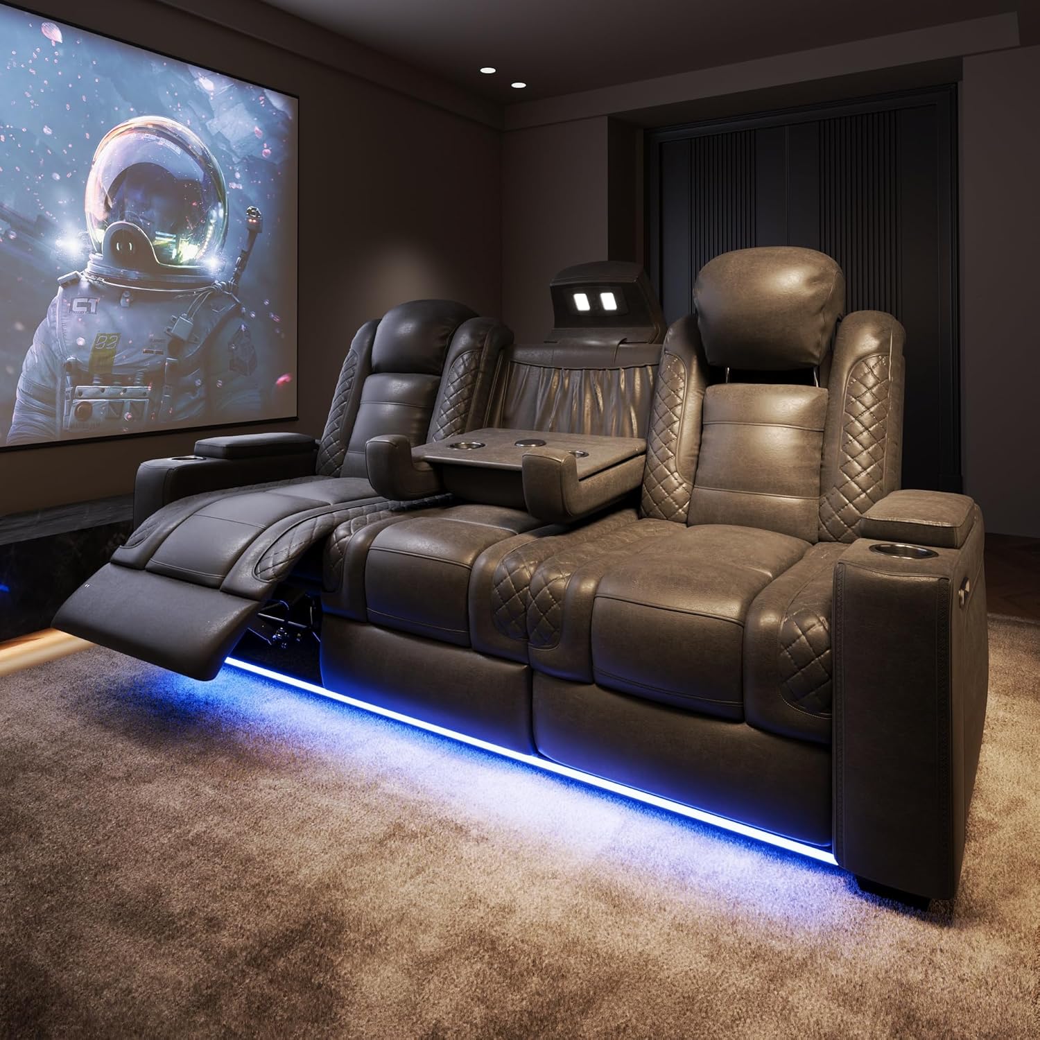 Jocisland Home Theater Seating, Fold Down Table, 3 Seats Sofa Chair for Media Room w/Electric Headrest, Dual Motor Movie Loveseat Leather Recliner with USB & Wireless Charging, LED Light