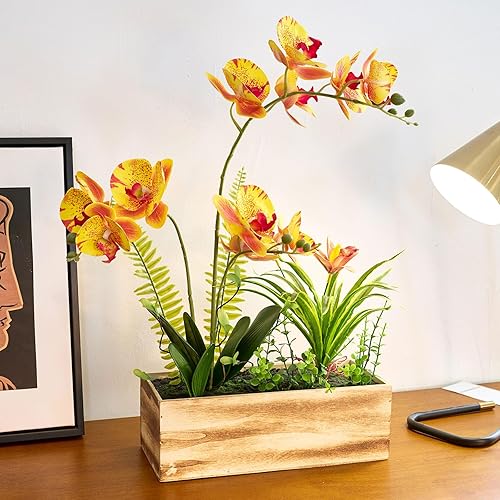 Miniatura 5 de YESDICO Arreglo de orquídeas artificiales de 20 pulgadas con maceta rústica Phalaenopsis, flores falsas que se ven reales para decoración del hogar
