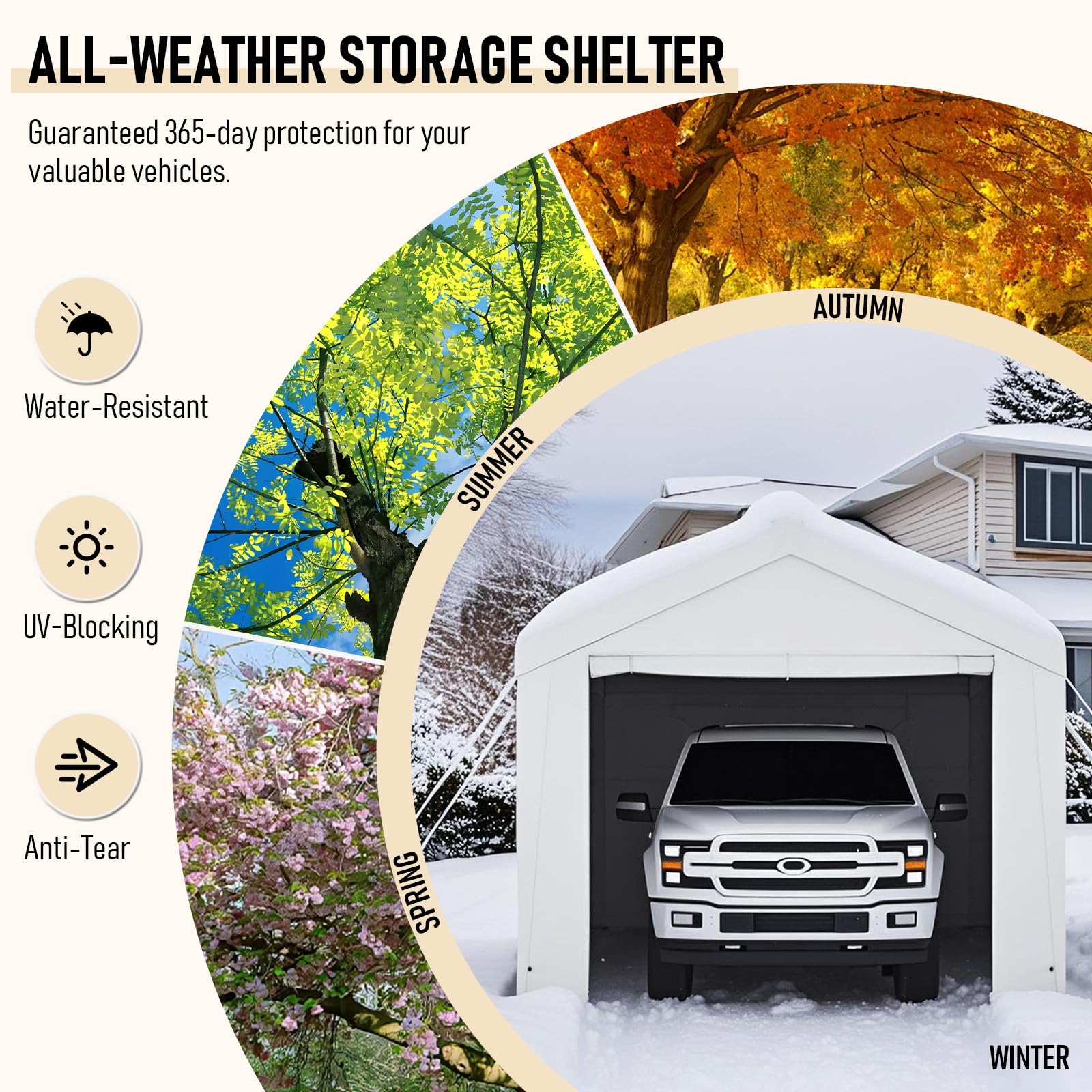 Carport Tenda Garage 3 x 6 m – Tenda da garage impermeabile con pareti laterali rimovibili – Resistente ai raggi UV – Rifugio invernale per auto, SUV, camion, barca, tenda da giardino, garage, bianco