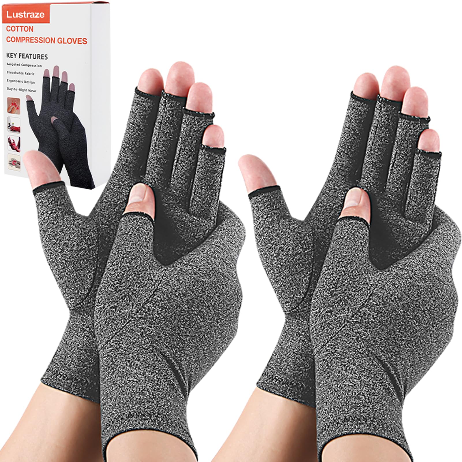 Lustraze 2 Pairs Arthritis Gloves for Women and Men, Pain Relief Compression Gloves Women,Fingerless Breathable Design