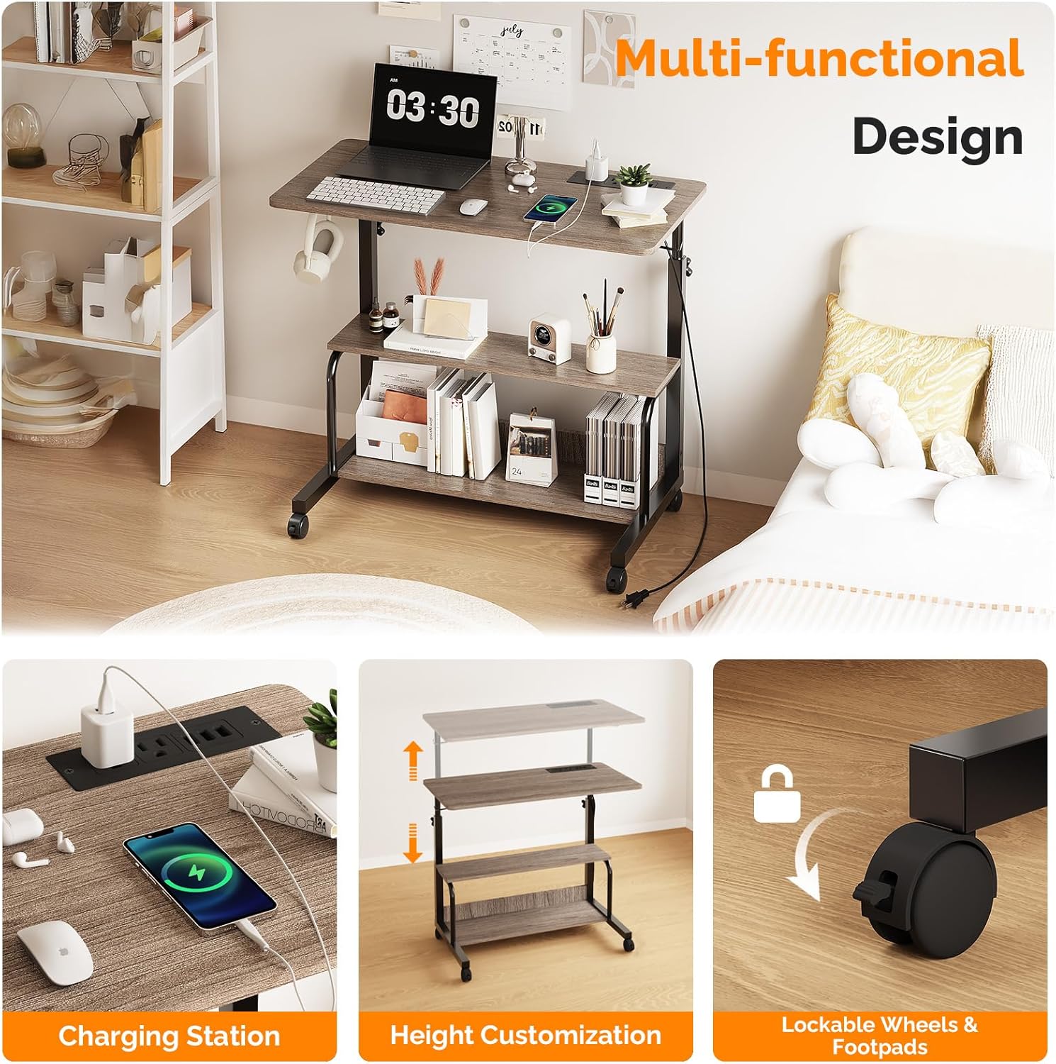 FCH 31.5" Mobile Small Standing Desk, Adjustable Height Mobile Computer Desk, w/2 AC Outlets + 3 USB Ports & Hooks, Storage Shelves, Suitable for Gaming, Studying, Home Office, Gray