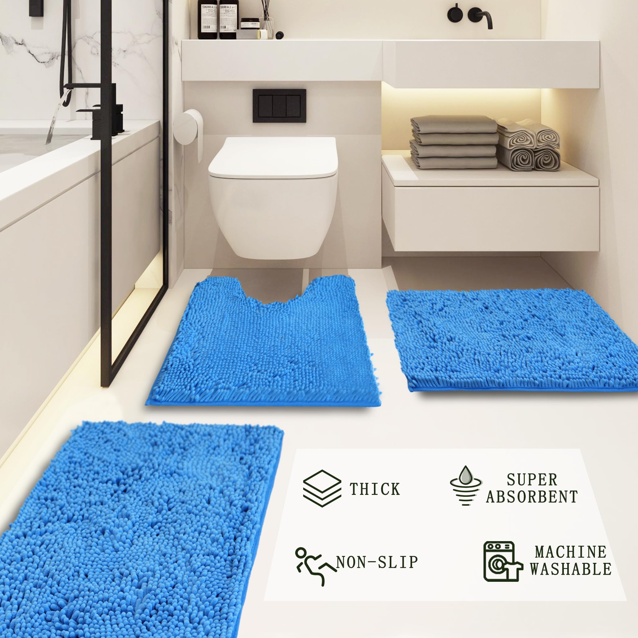 Lot de 3 tapis de salle de bain en chenille, très épais et absorbants, antidérapants, lavables en machine, séchage rapide, doux et confortable, utilisés sous la douche, baignoire et évier,