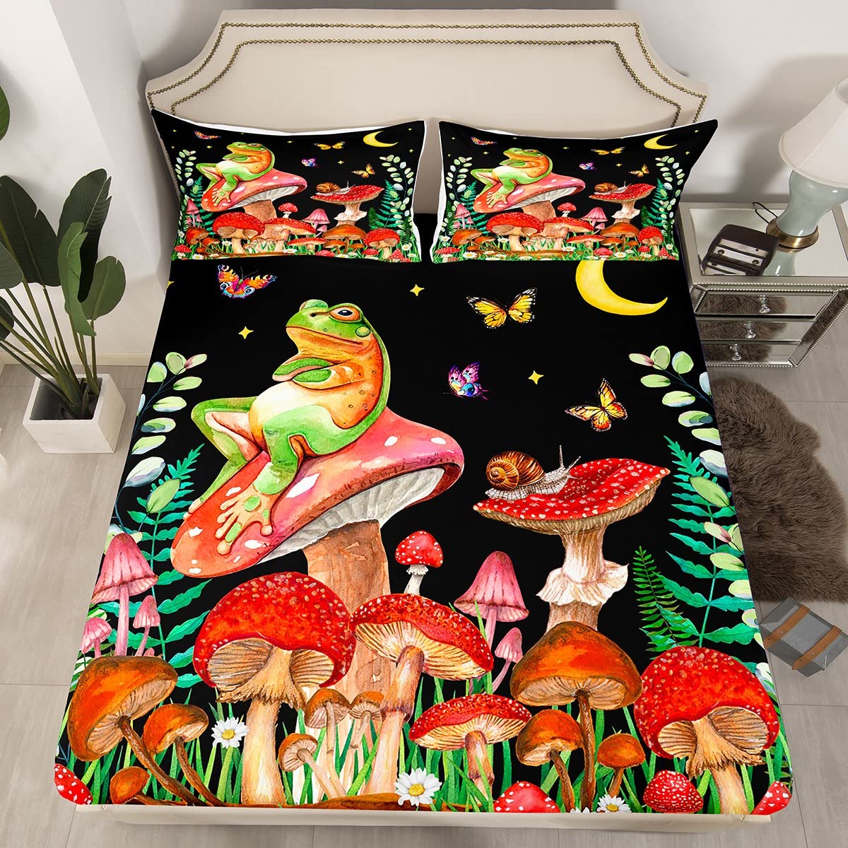Mushroom Fitted Sheet Single Size, Frog Snail Flower Bedding Set 2pcs for Kids Boys Girls Room Decor, Butterfly Star Moon Bed Cover with 1 Pillowcase, Soft Polyester Bedding