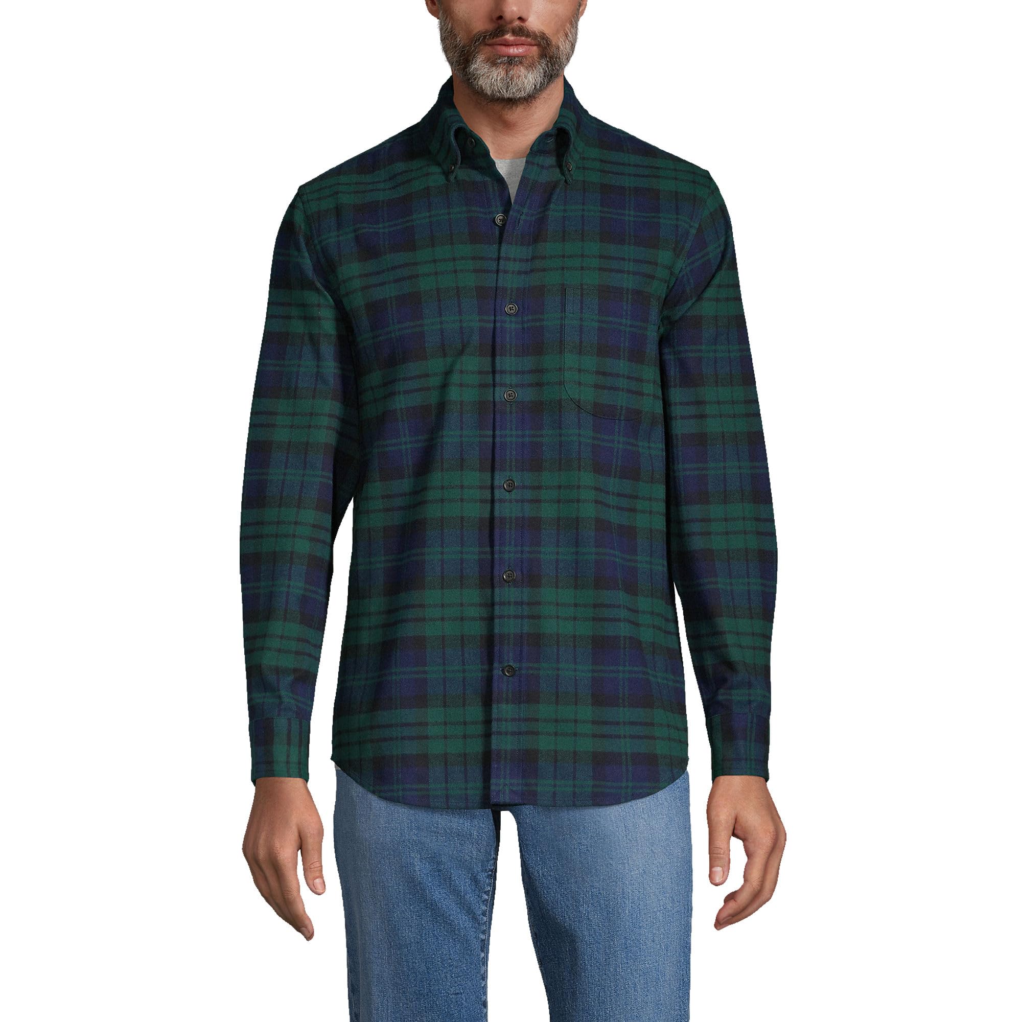 Lands' End Mens Traditional Fit Flagship Flannel Shirt Evergreen Blackwatch Plaid Regular Large