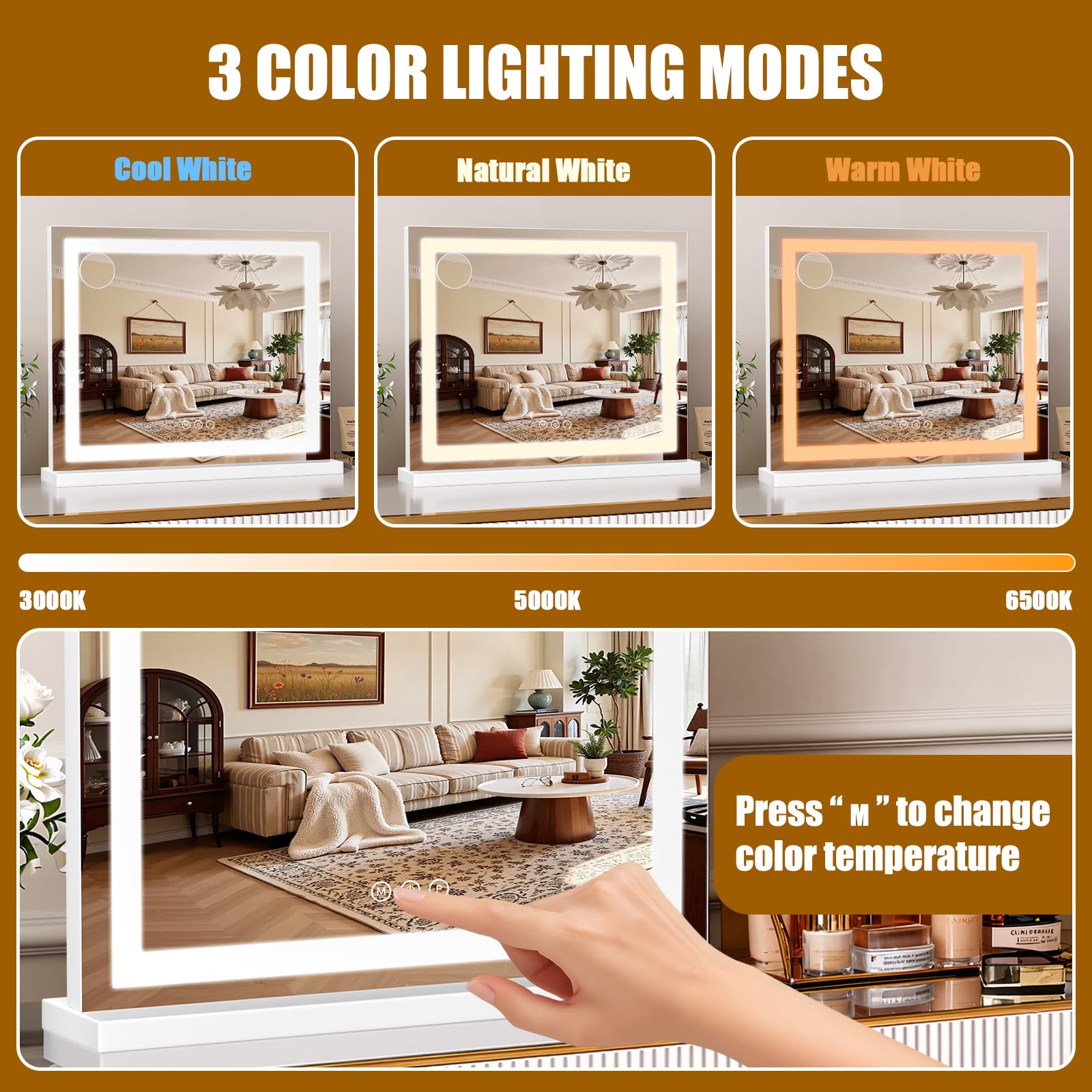 LED Vanity Makeup Mirror with Lights, Smart Touch, 3-Color Dimming