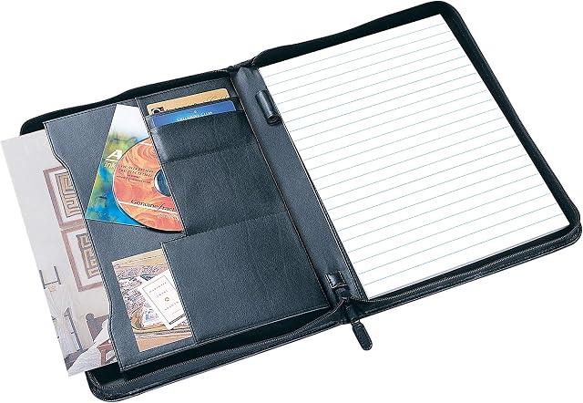 Staples A4 Zipped Conference Portfolio Folder Black Leather with Card Holders Expanding Pockets Pad Folio