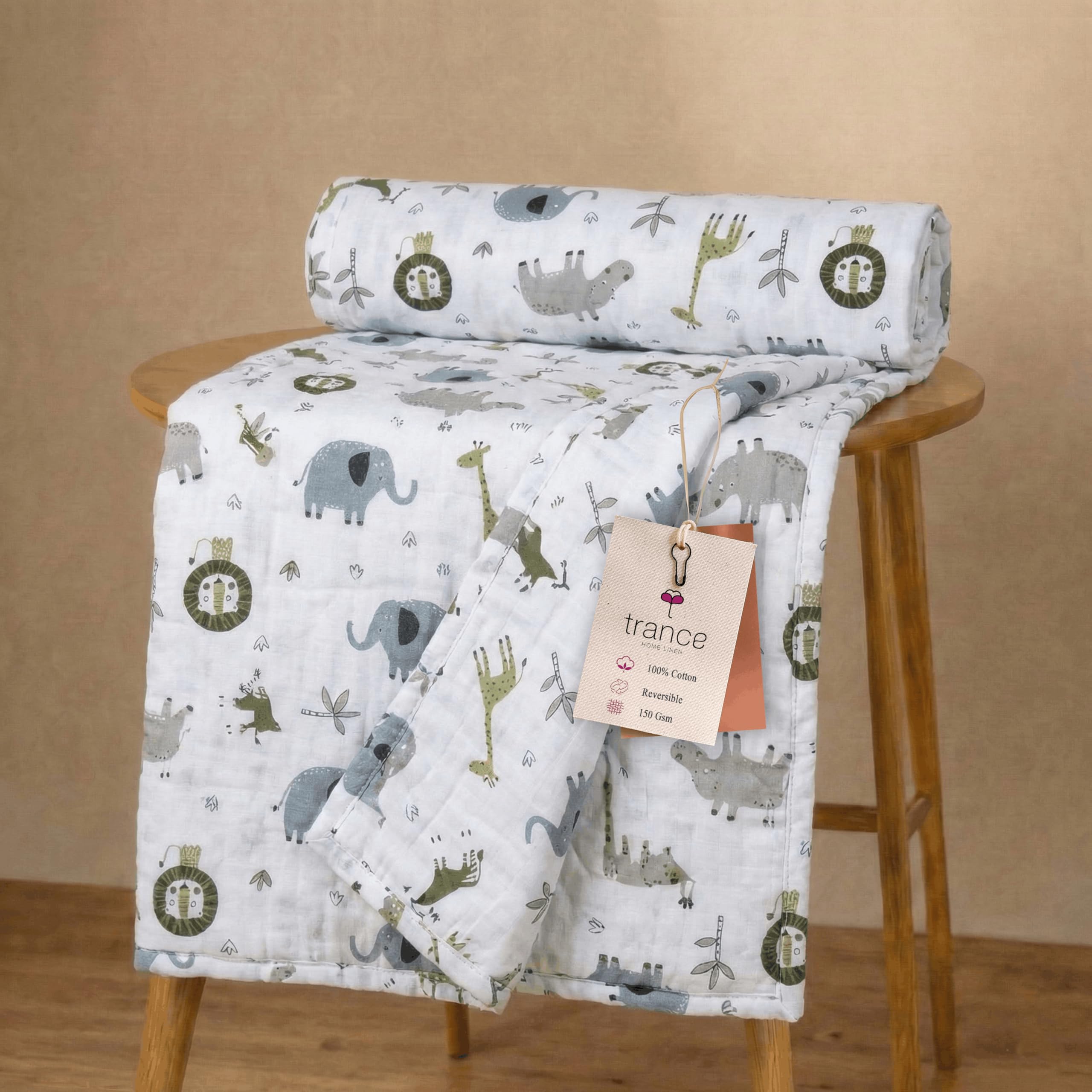 Trance Home Linen 100% Cotton | Kids Dohar | Single Bed | 150 GSM | Reversible Ac Comforter | Light Weight All Season Soft Blanket (58x90 Inches | Green Giraffe)