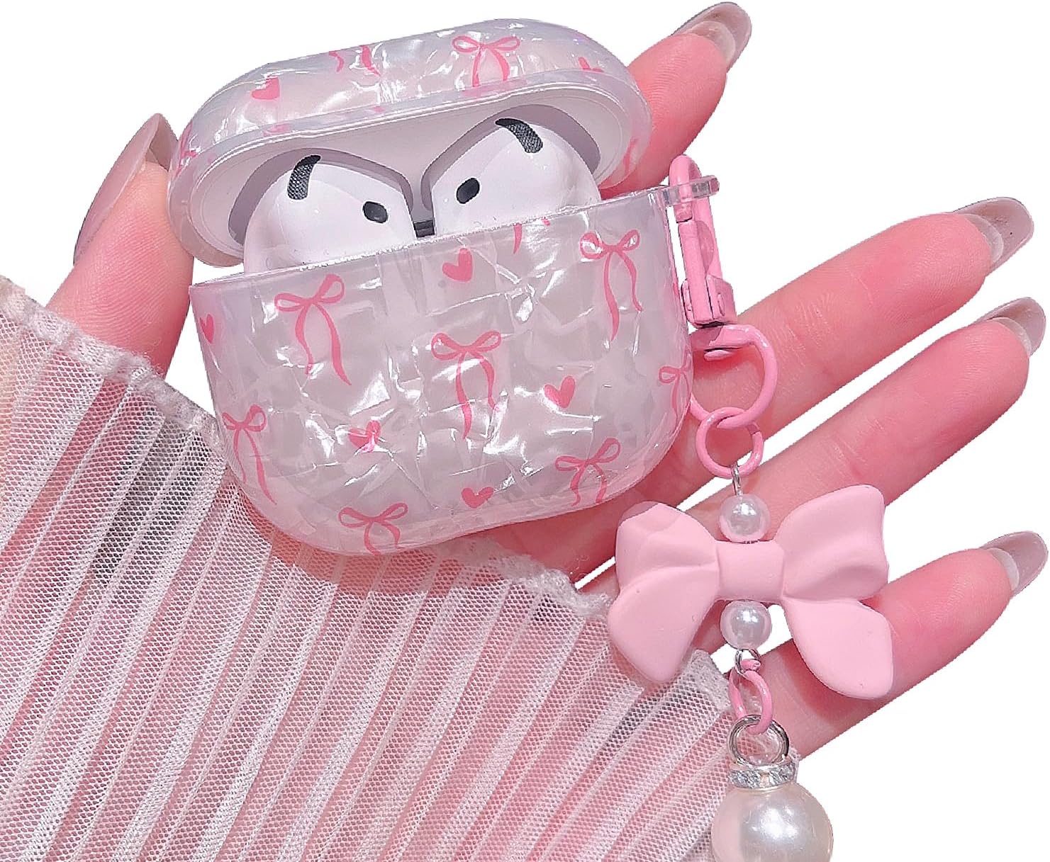 MINSCOSE for Cute Glitter AirPods 4 Case,Shell Pattern Bow Ribbon Trendy Design with Bowknot Pearl Keychain,Protective Shockproof Cover for Apple Airpods iPod 4th Generation for Women Girl-Pink